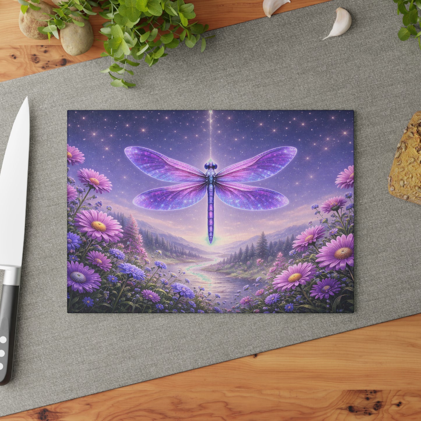 Celestial Dragonfly Glass Cutting Board – Purple Fantasy Floral Night Sky Kitchen Display
