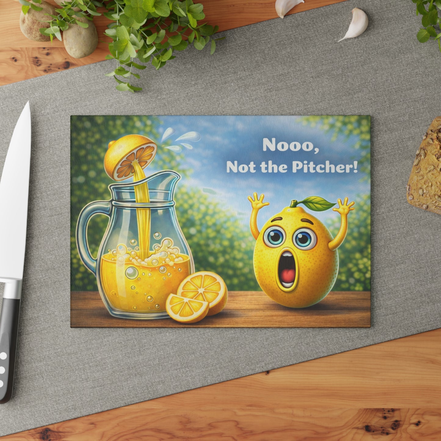 Nooo, Not the Pitcher! Glass Cutting Board – Playful Lemonade Humor Kitchen Artwork