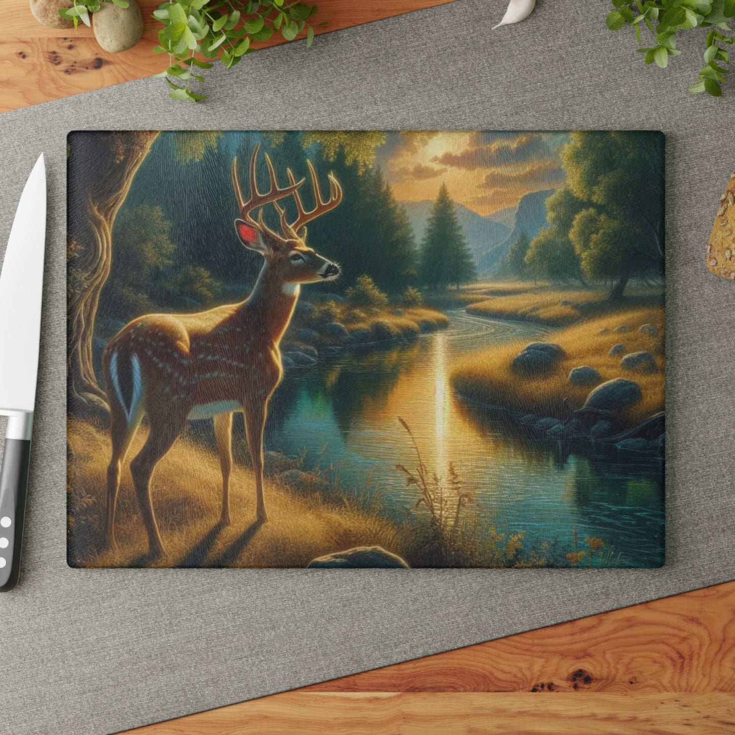 🦌🌅 Golden River Deer Cutting Board – Peaceful Nature Landscape Art 🌅🦌