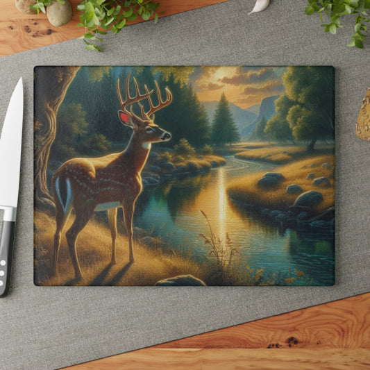 🦌🌅 Golden River Deer Cutting Board – Peaceful Nature Landscape Art 🌅🦌