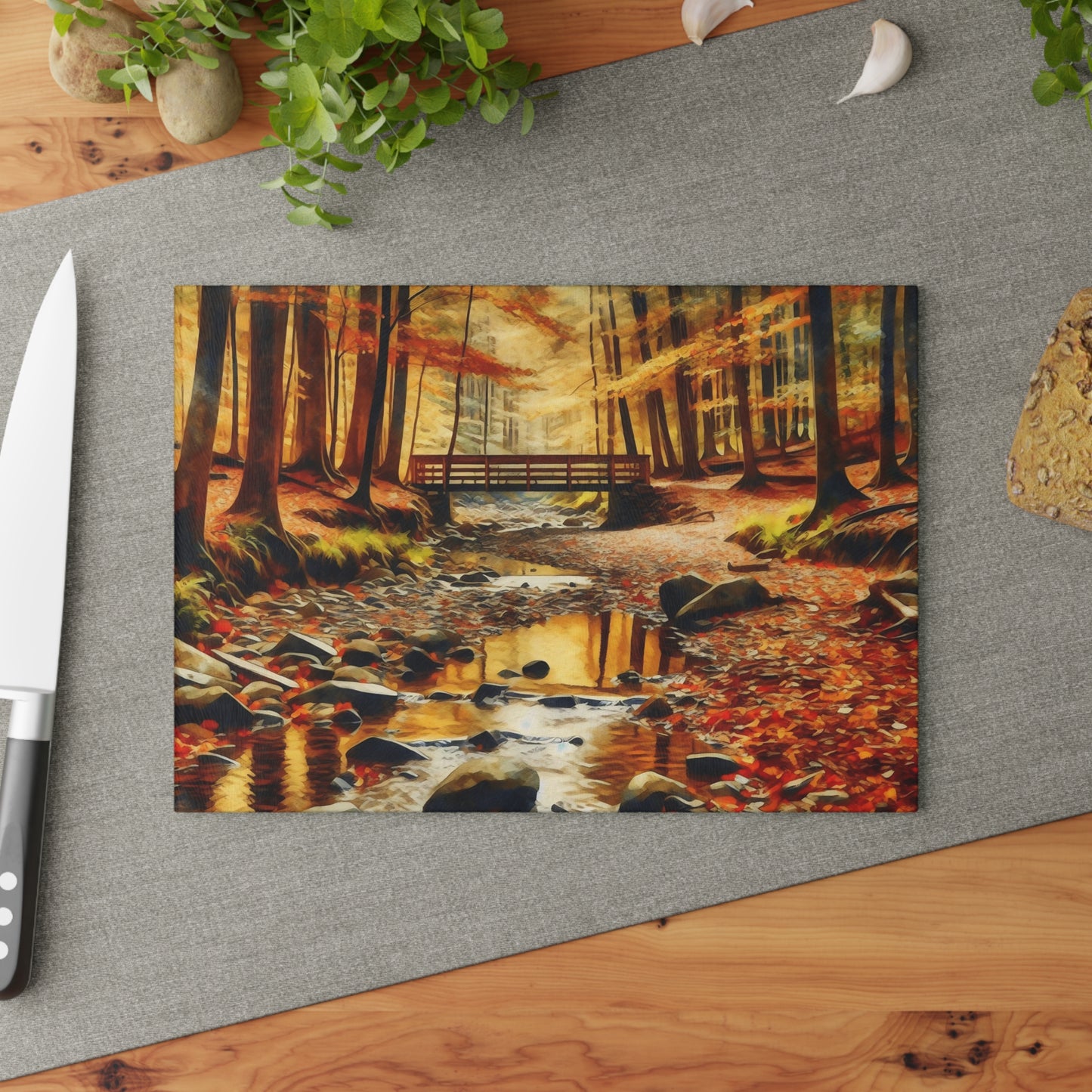 🌉🍁 Autumn Forest Bridge Cutting Board – Tranquil Trails & Fall Reflections for Your Kitchen