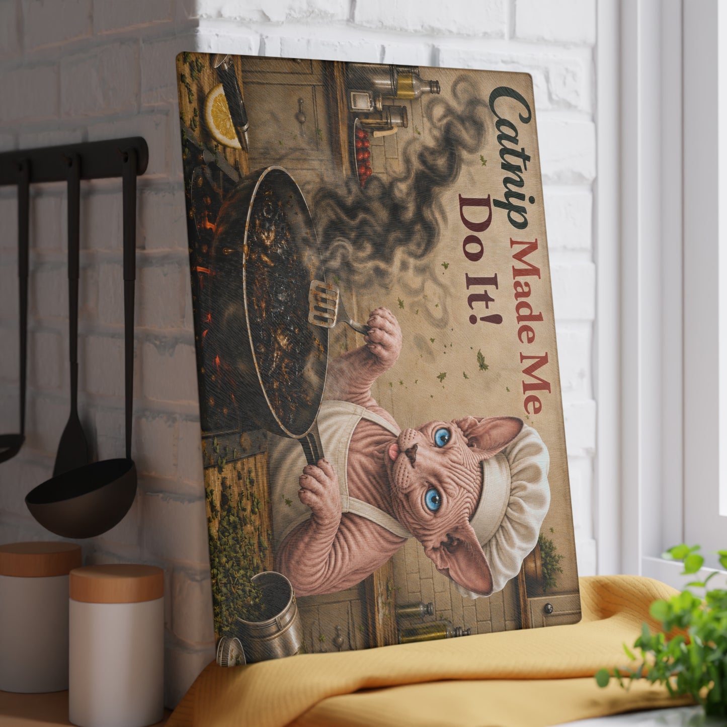 Catnip Made Me Do It! Glass Cutting Board – Funny Hairless Cat Kitchen Decor with Chef Sphynx Artwork