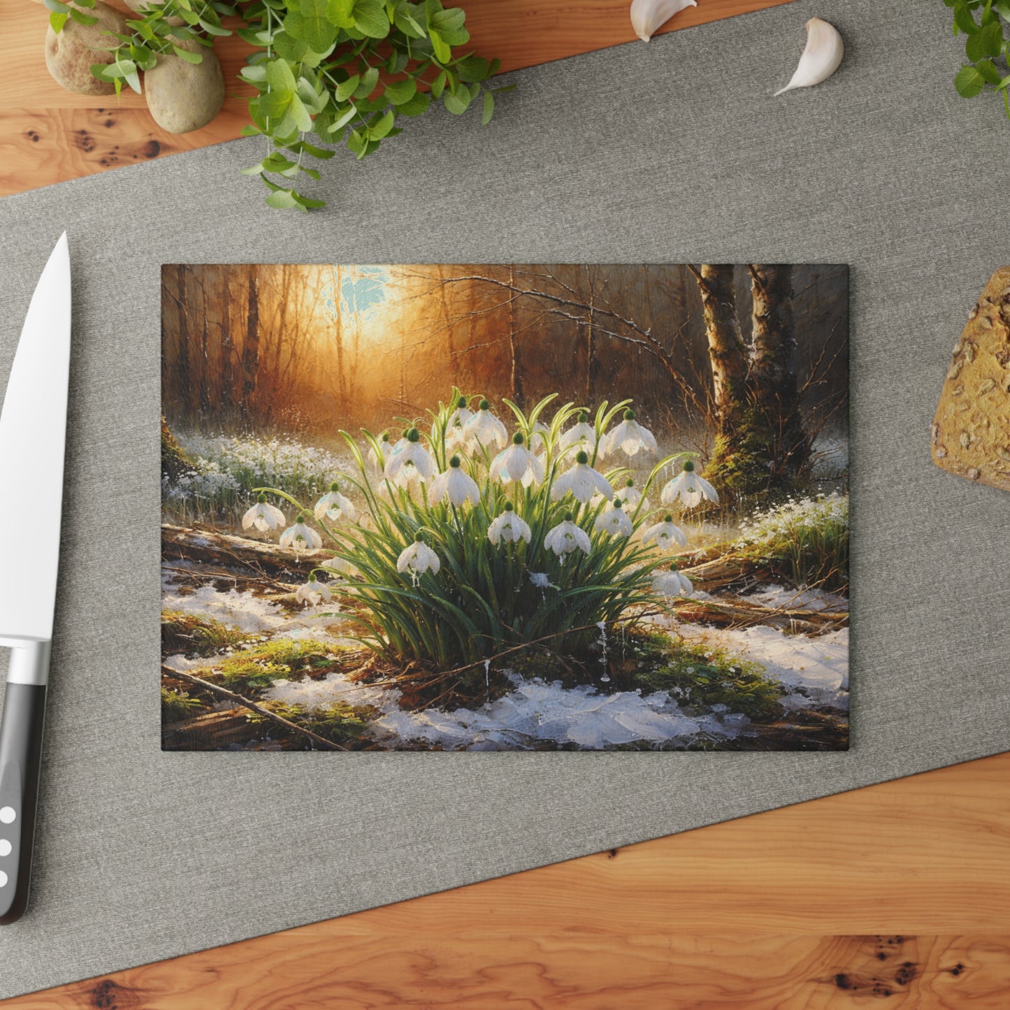 Snowdrops in Winter Forest Glass Cutting Board – Early Spring Botanical Nature Art