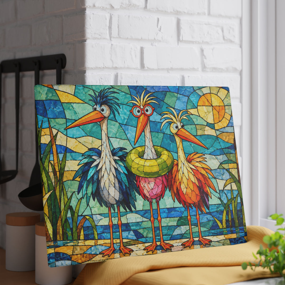 Funny Colorful Birds Stained-Glass-Look Glass Cutting Board – Whimsical Bird Kitchen Decor
