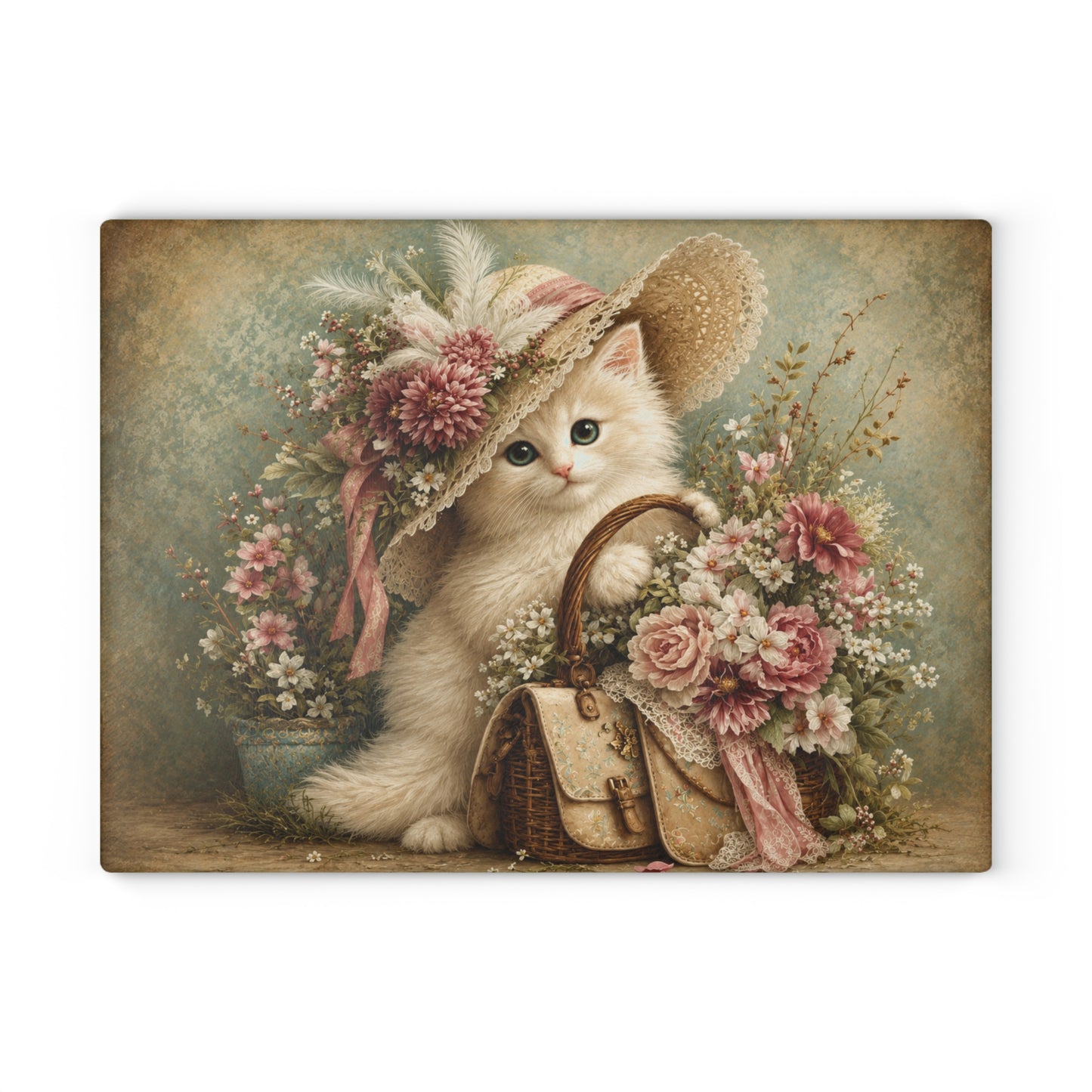 Vintage Floral Kitten Tempered Glass Cutting Board