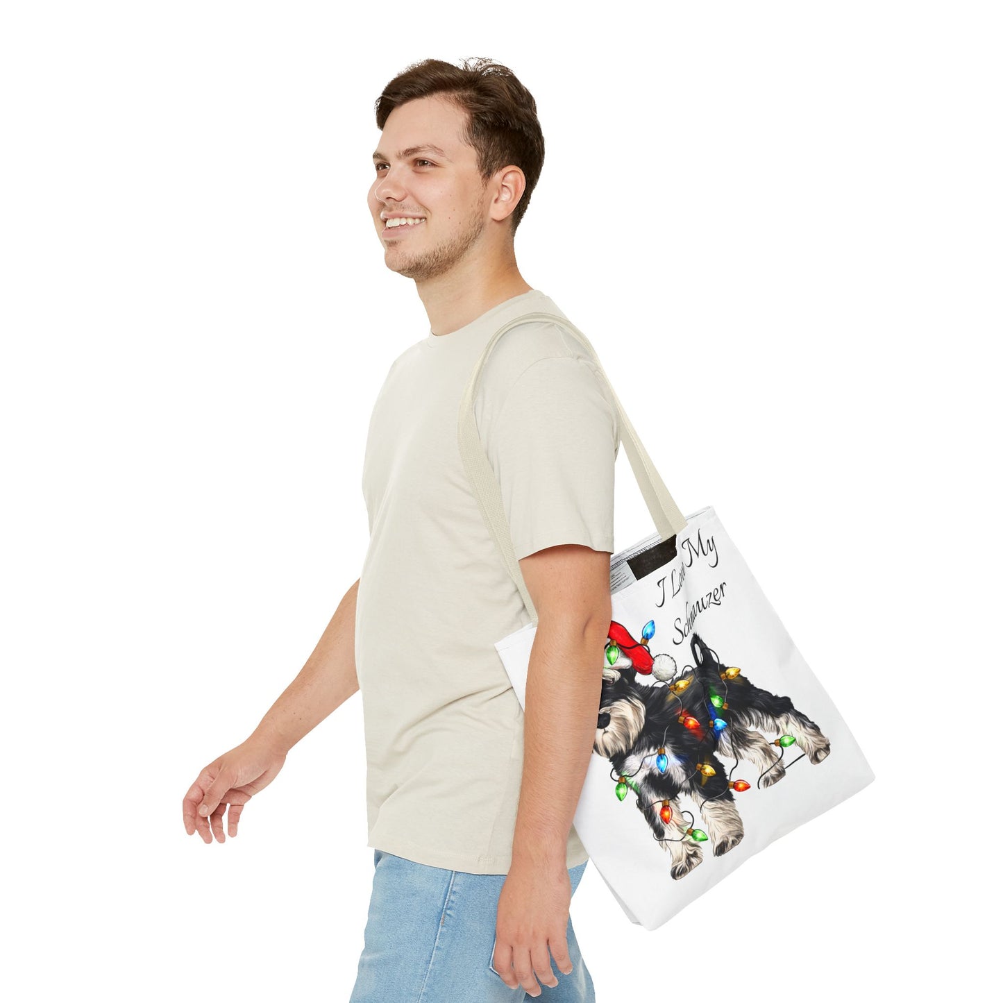 🎄 I Love My Schnauzer Tote Bag – Christmas Lights & Holiday Woofs 🐾