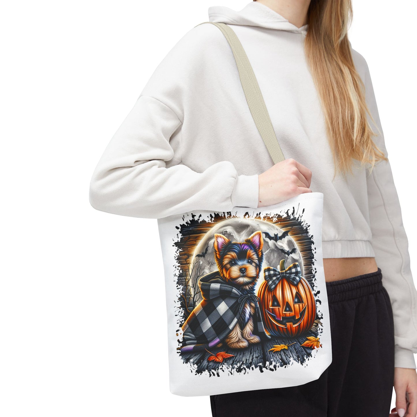 🎃 Yorkie Halloween Tote Bag – Spooky Cute & Plaid Perfect 🐾🖤👜