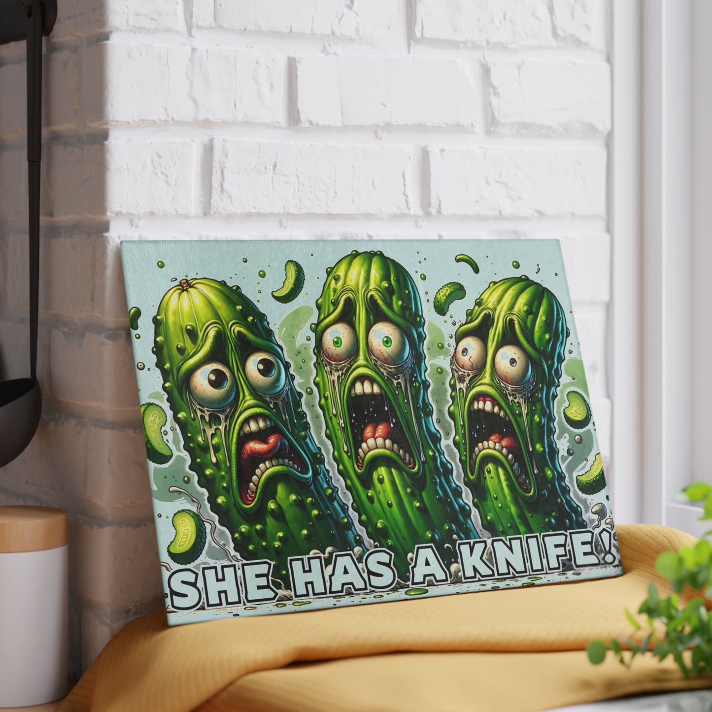 She Has a Knife! Glass Cutting Board – Pickle Panic Funny Kitchen Decor