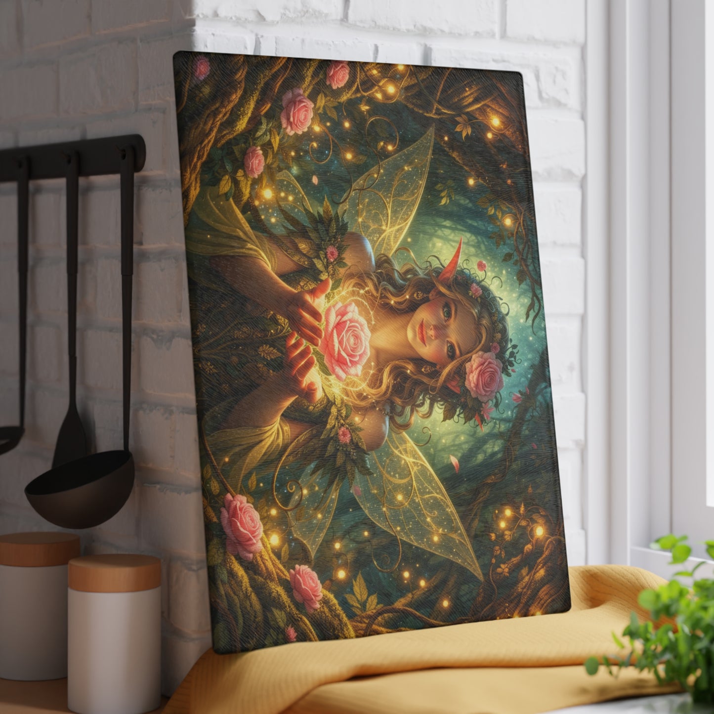 Enchanted Forest Fairy Glass Cutting Board – Magical Rose Fantasy Art Kitchen Decor