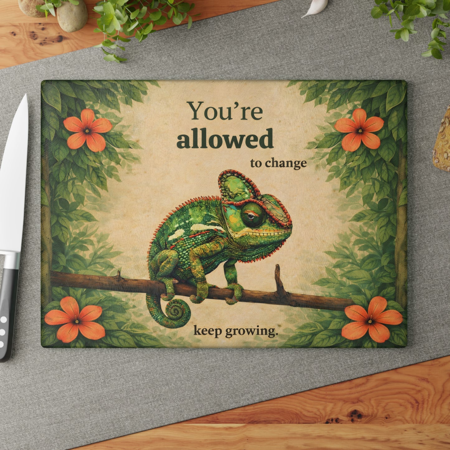 You’re Allowed to Change Glass Cutting Board – Inspirational Chameleon Garden Art Kitchen Decor