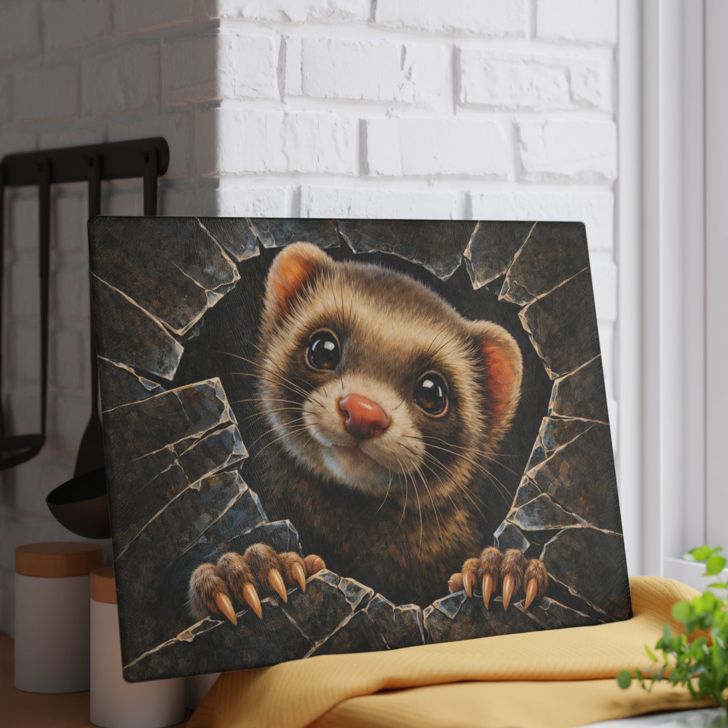 Ferret Breaking Through Wall Glass Cutting Board – Playful Wildlife Peek Artwork