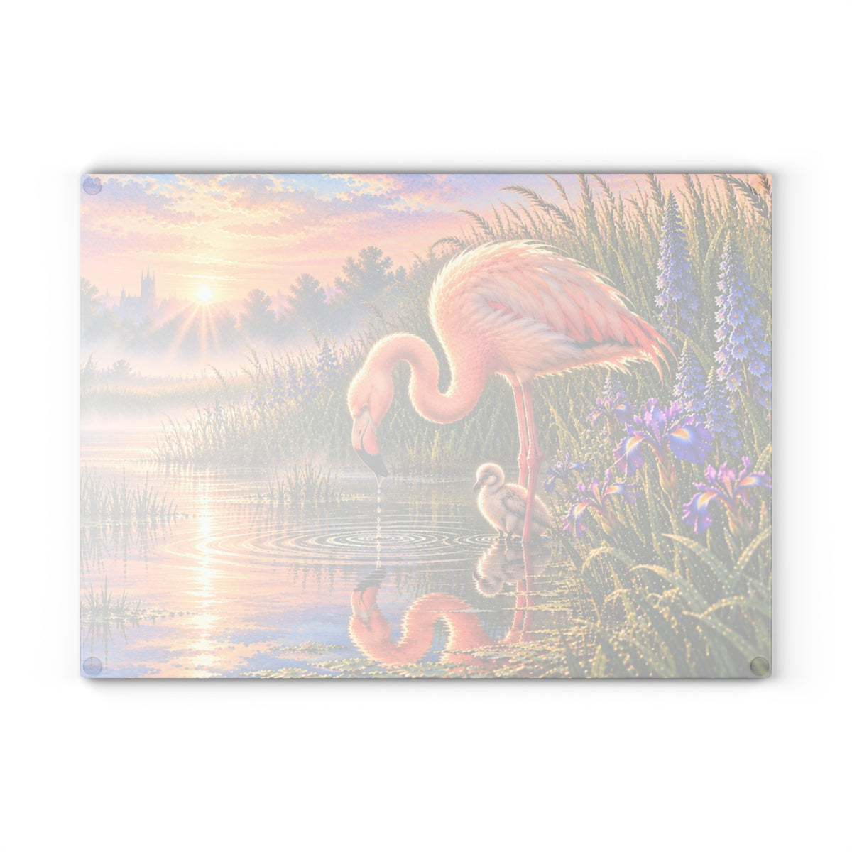 Flamingo & Baby at Sunset – Tempered Glass Cutting Board