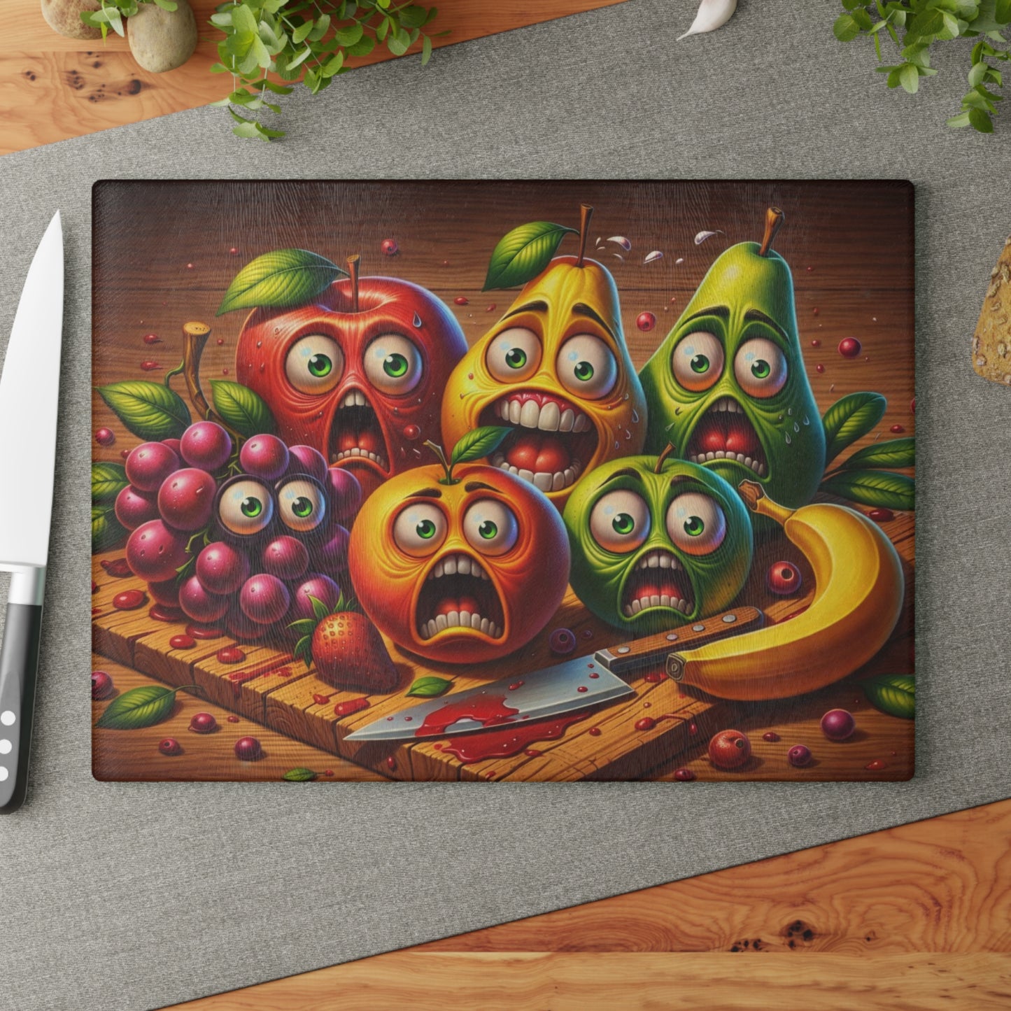 Kitchen Crime Scene Glass Cutting Board – Funny Fruit Kitchen Humor Design