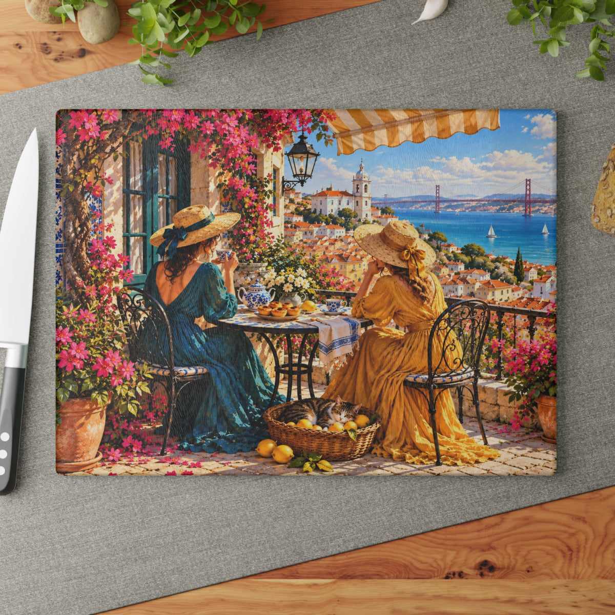 Lisbon Portugal Coastal Terrace – Tempered Glass Cutting Board – European Seaside Art