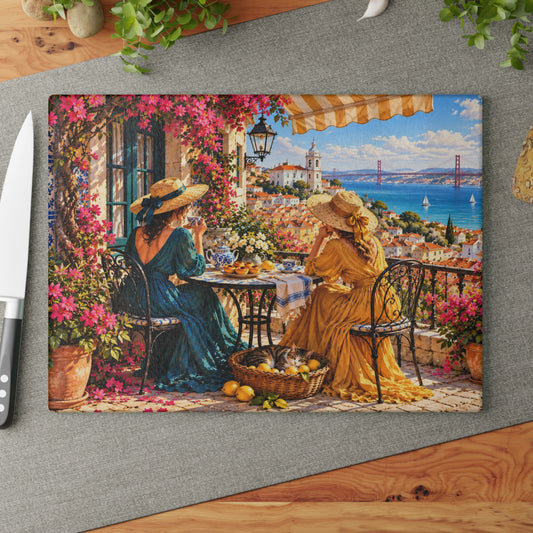 Lisbon Portugal Coastal Terrace – Tempered Glass Cutting Board – European Seaside Art