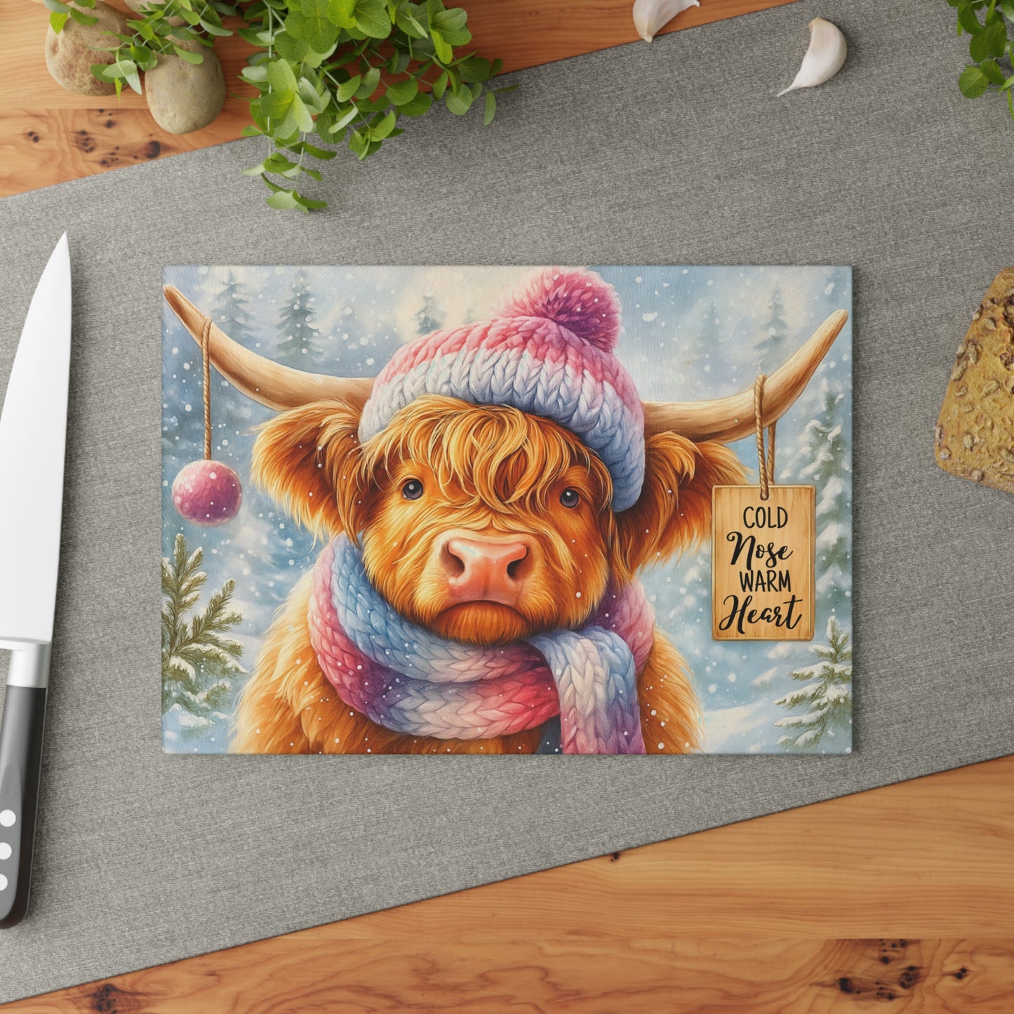 🐮❄️ “Cold Nose, Warm Heart” Tempered Glass Board – Cozy Highland Winter Vibes