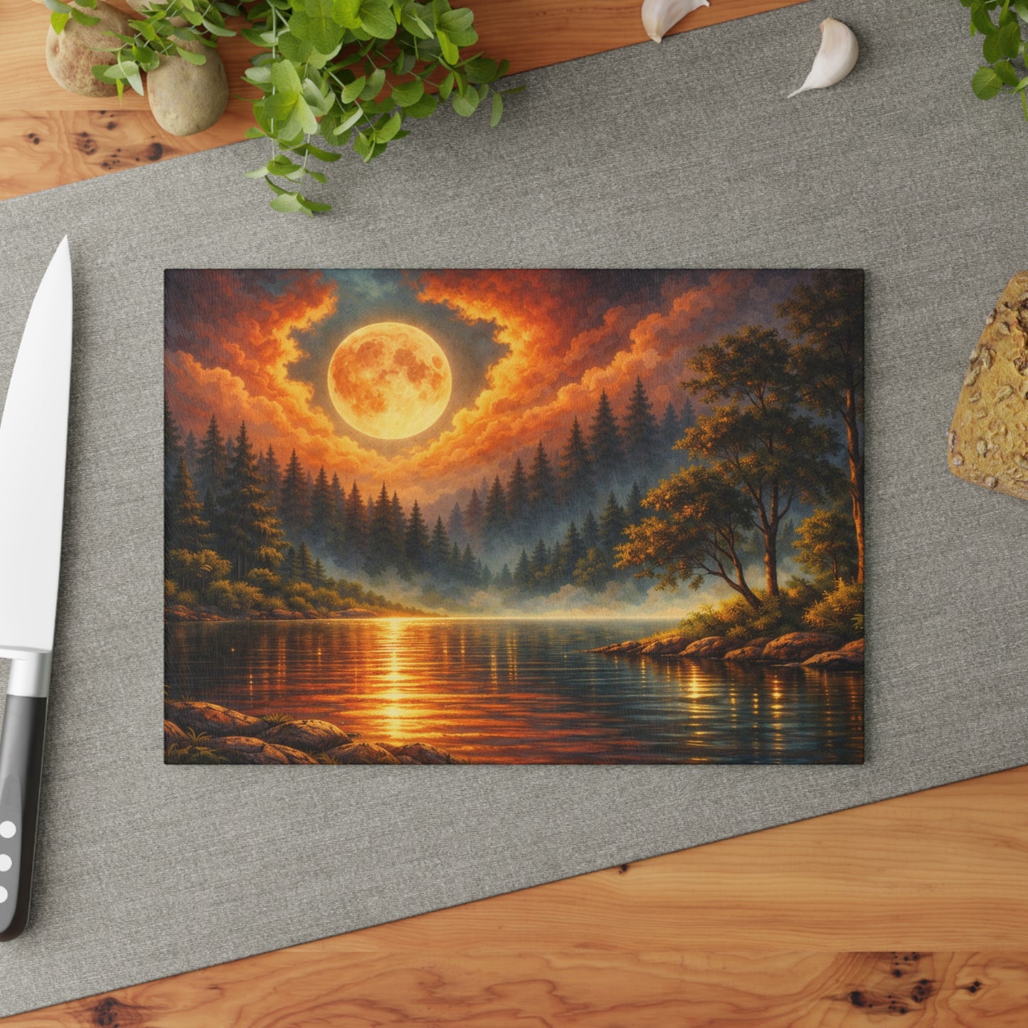 Moonlit Forest Lake Glass Cutting Board – Dramatic Night Landscape Kitchen Art