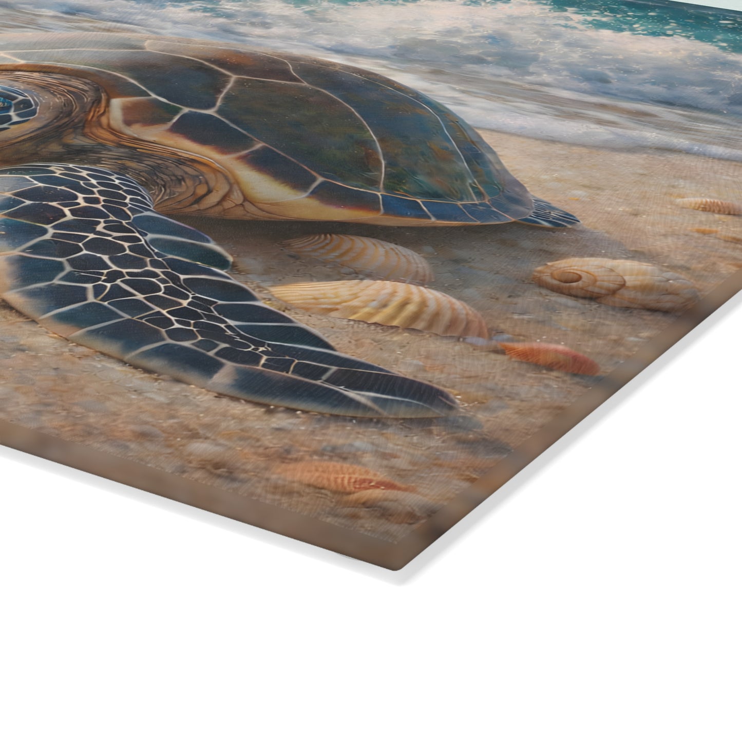 Sea Turtle Shoreline Glass Cutting Board – Coastal Beach Scene with Gentle Ocean Waves