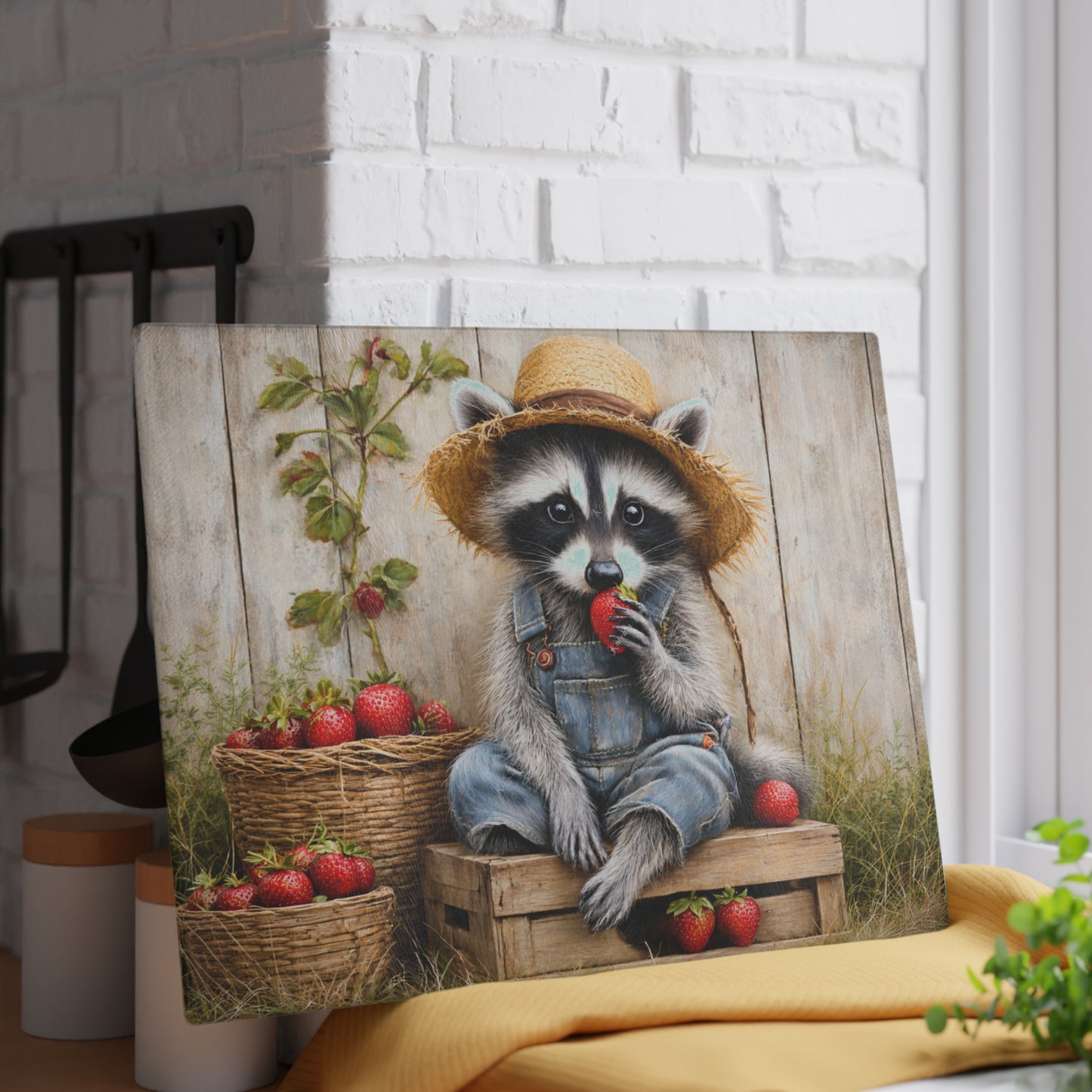 Strawberry Raccoon Farmhouse Glass Cutting Board – Cute Country Kitchen Decor