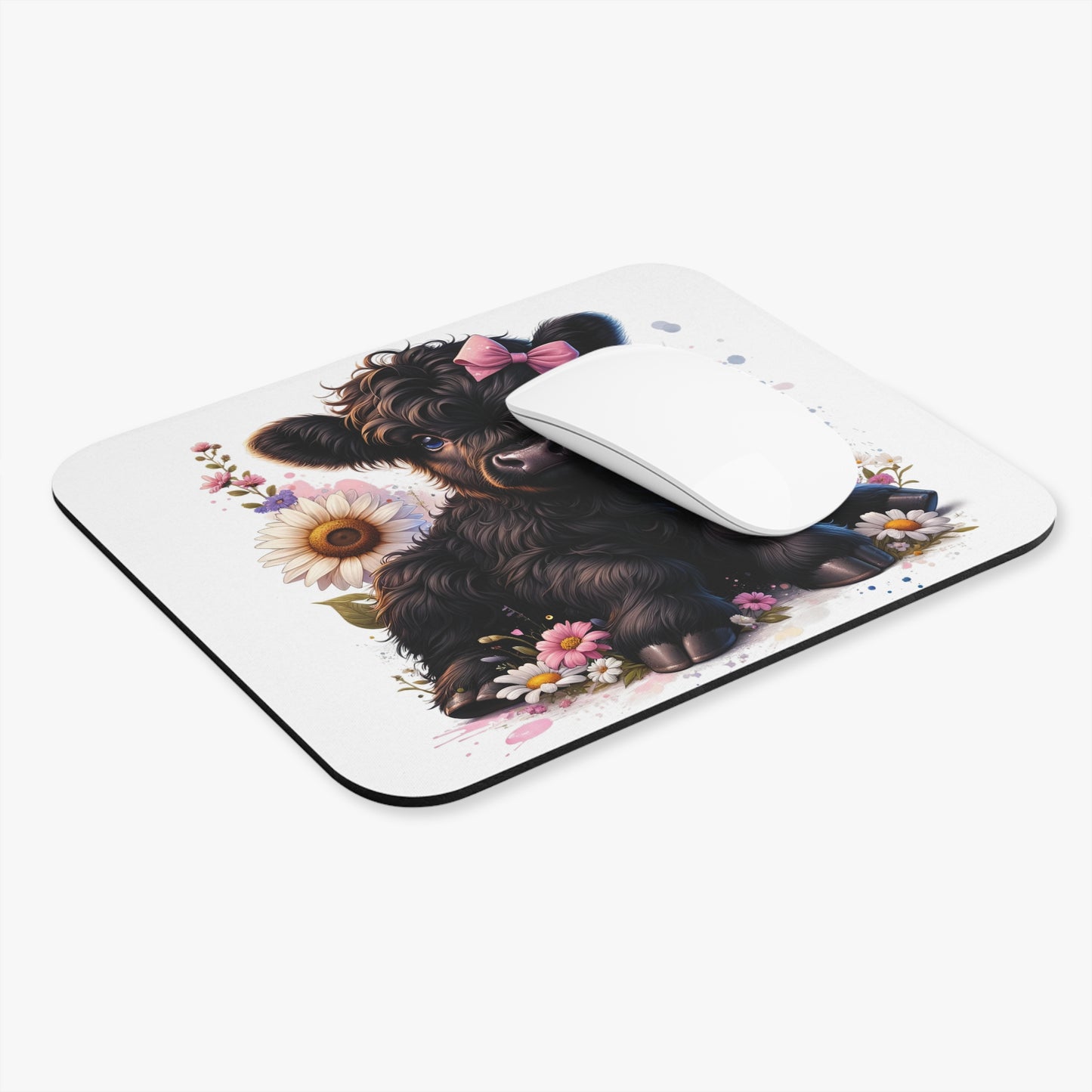 🖱️🌸🐮 Highland Calf with Pink Bow Mouse Pad – Sweet Country Charm for Your Desk
