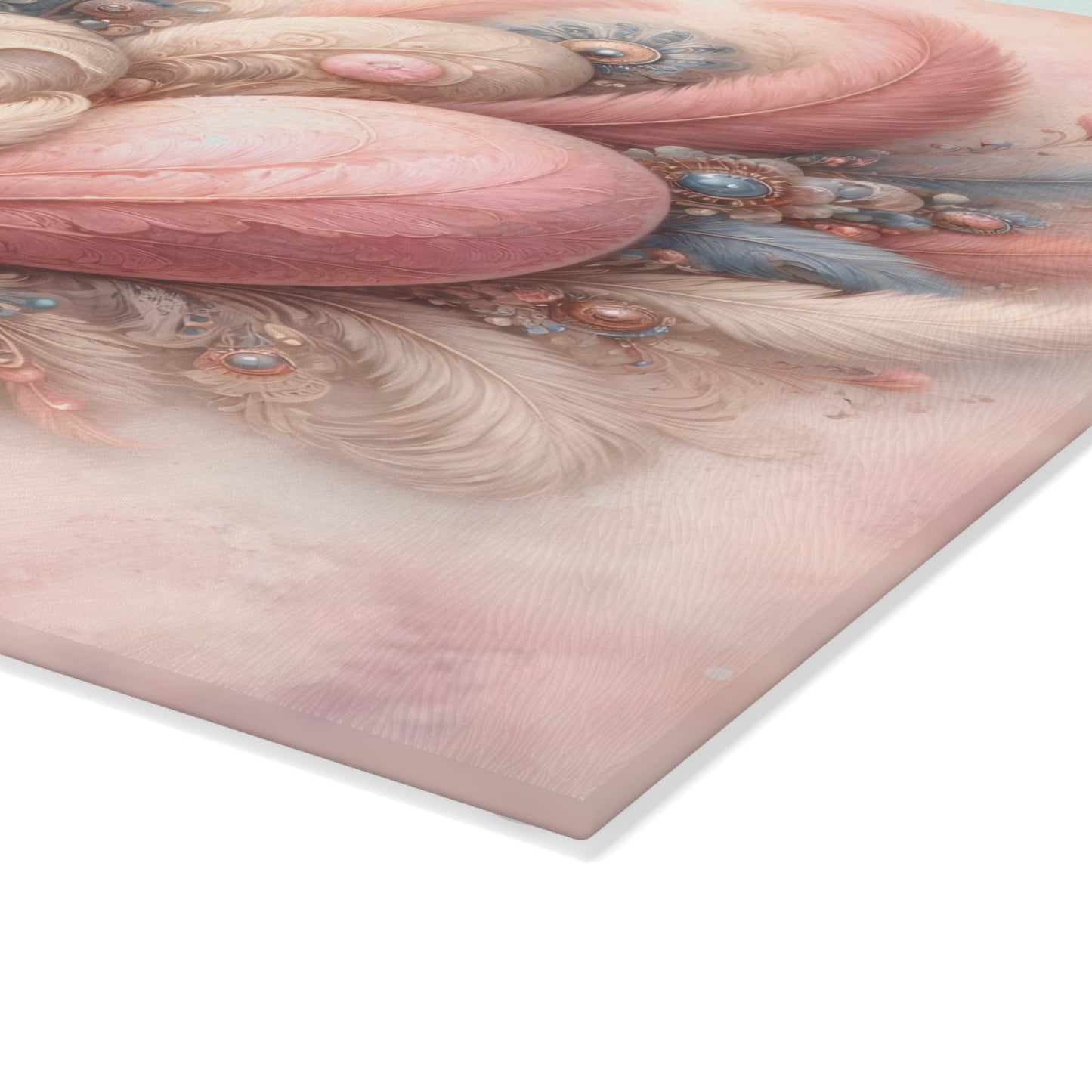 Pastel Feather Heart Glass Cutting Board – Elegant Romantic Art Kitchen Decor