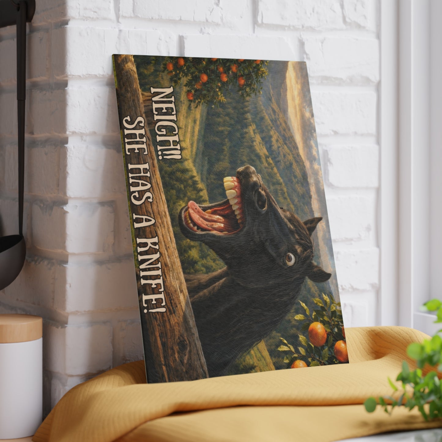 Funny Horse Neigh She Has a Knife Glass Cutting Board – Humorous Farmhouse Horse Lover Kitchen Decor