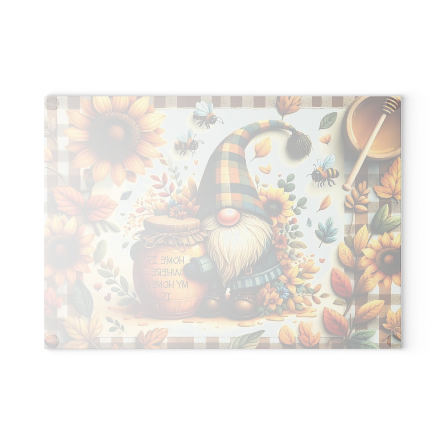 🐝🌻 “Home Is Where My Honey Is” Gnome Glass Cutting Board – Sunny Cheer for Your Kitchen