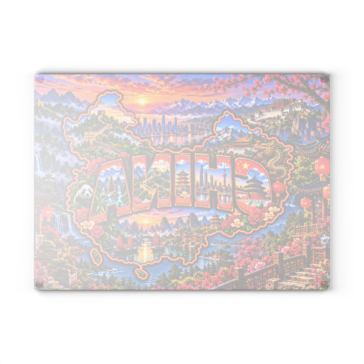 China Map Cutting Board – Great Wall, Giant Panda, Chinese Temples, Mountain Landscapes & Kitchen Décor