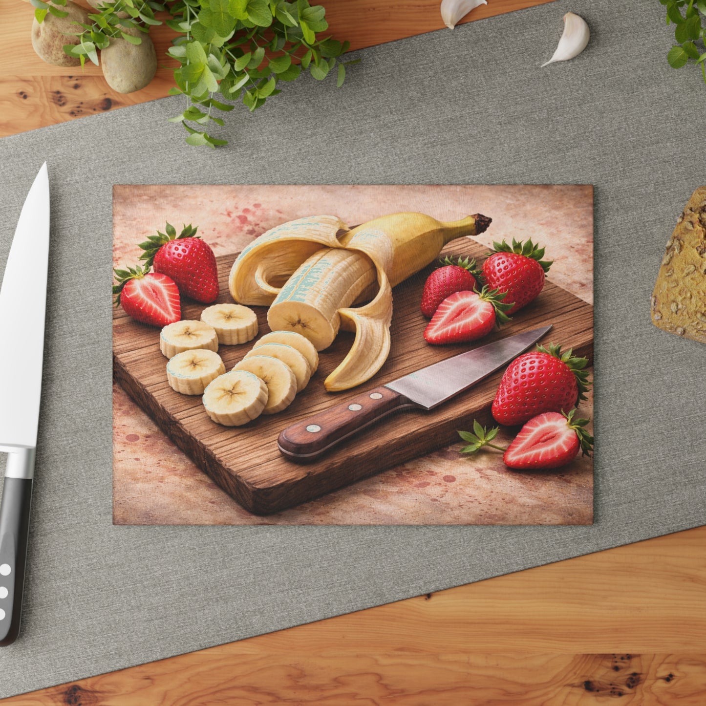 Banana and Strawberry Kitchen Art Glass Cutting Board – Rustic Breakfast Inspired Design