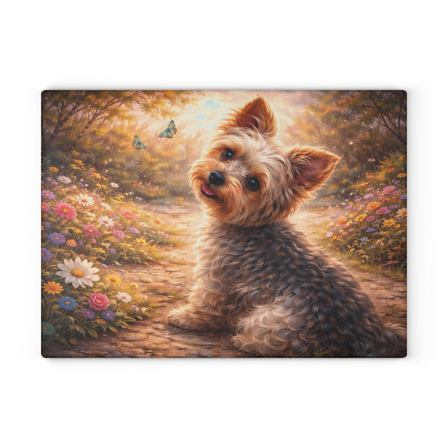 Whimsical Yorkshire Terrier Garden Glass Cutting Board – Personalized Dog Lover Floral Artwork