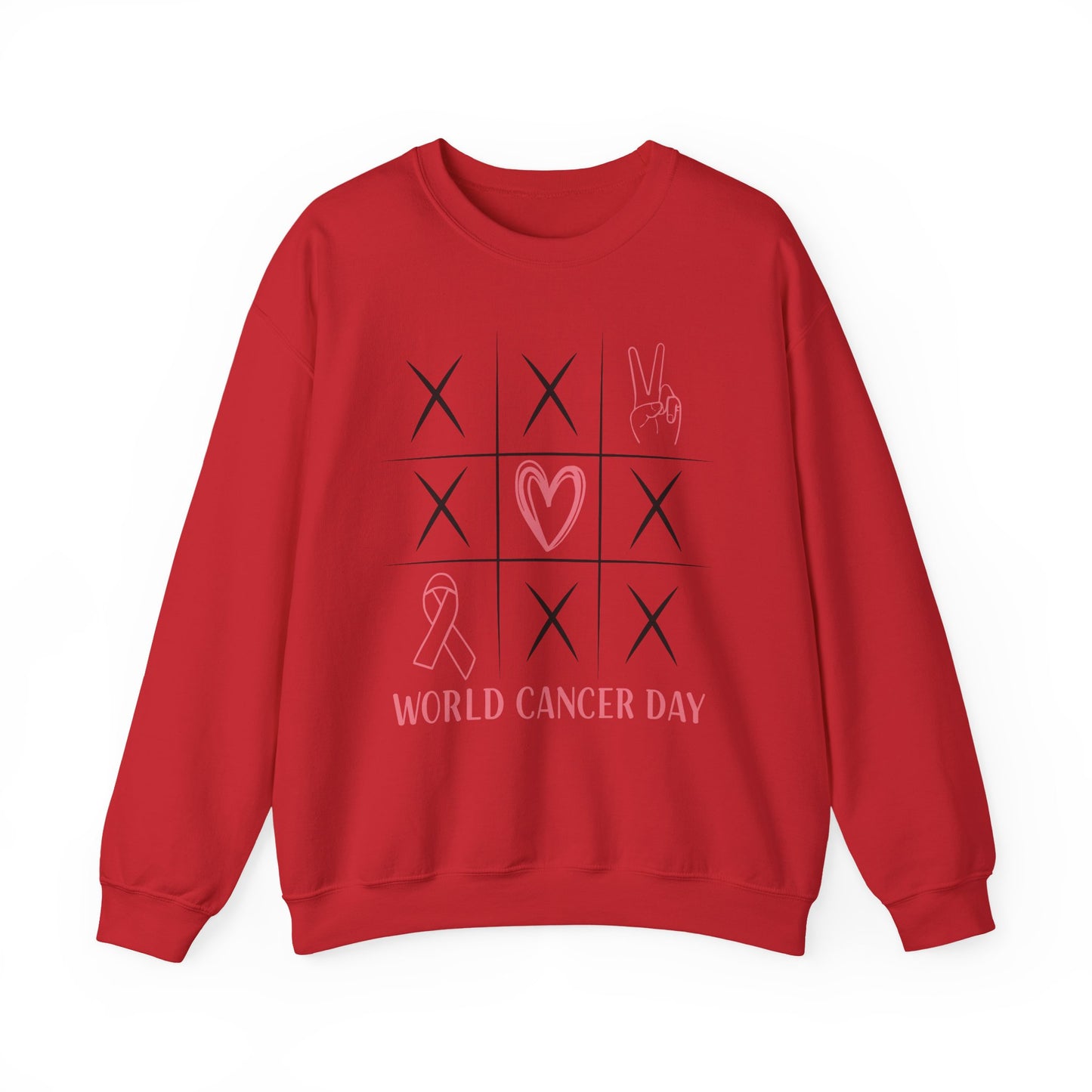 🌍🎗️ World Cancer Day Sweatshirt – Awareness Tic-Tac-Toe Heart & Ribbon