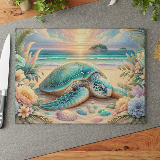 Peaceful Ocean Escape Sea Turtle Glass Cutting Board – Floral Beach Serenity Artwork