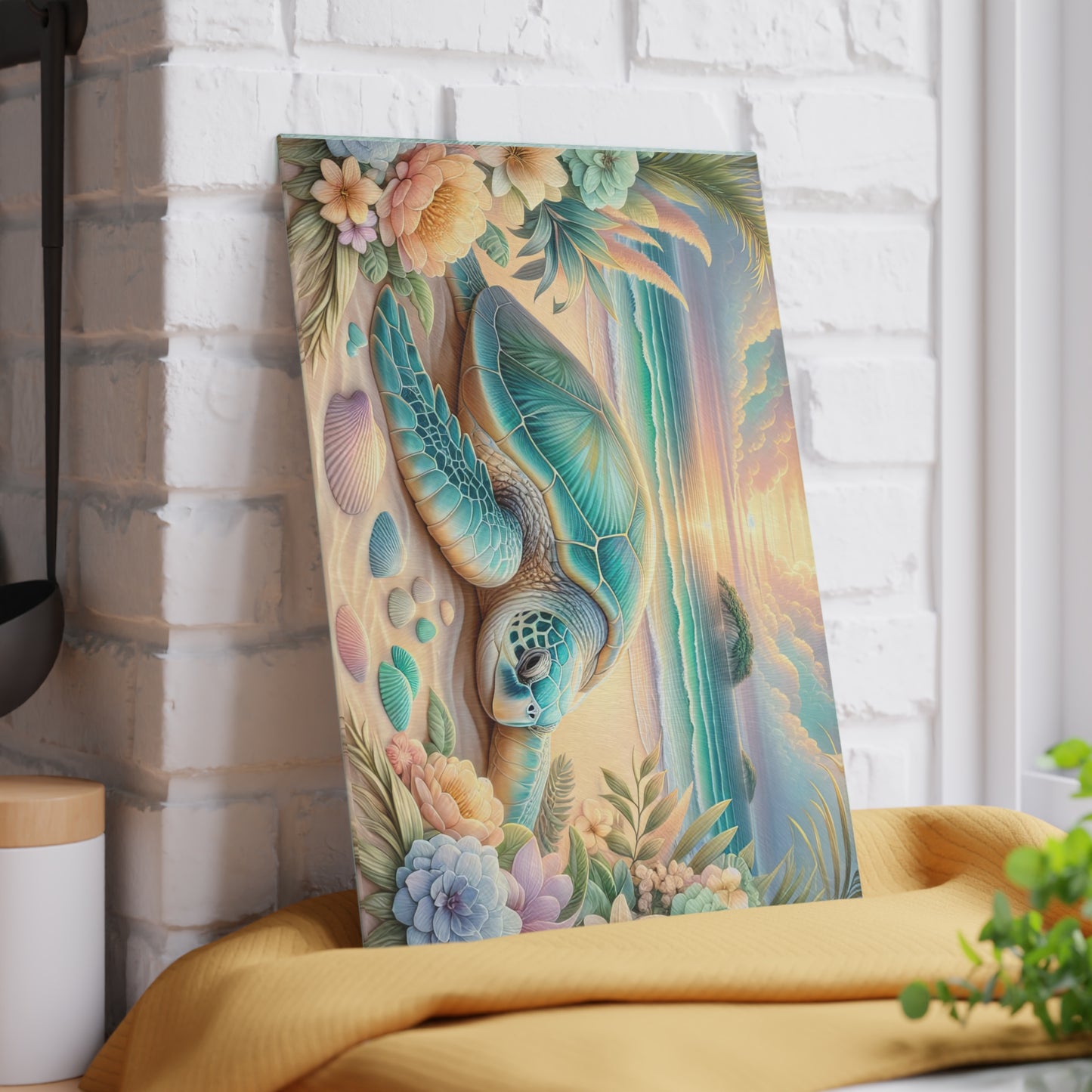Peaceful Ocean Escape Sea Turtle Glass Cutting Board – Floral Beach Serenity Artwork