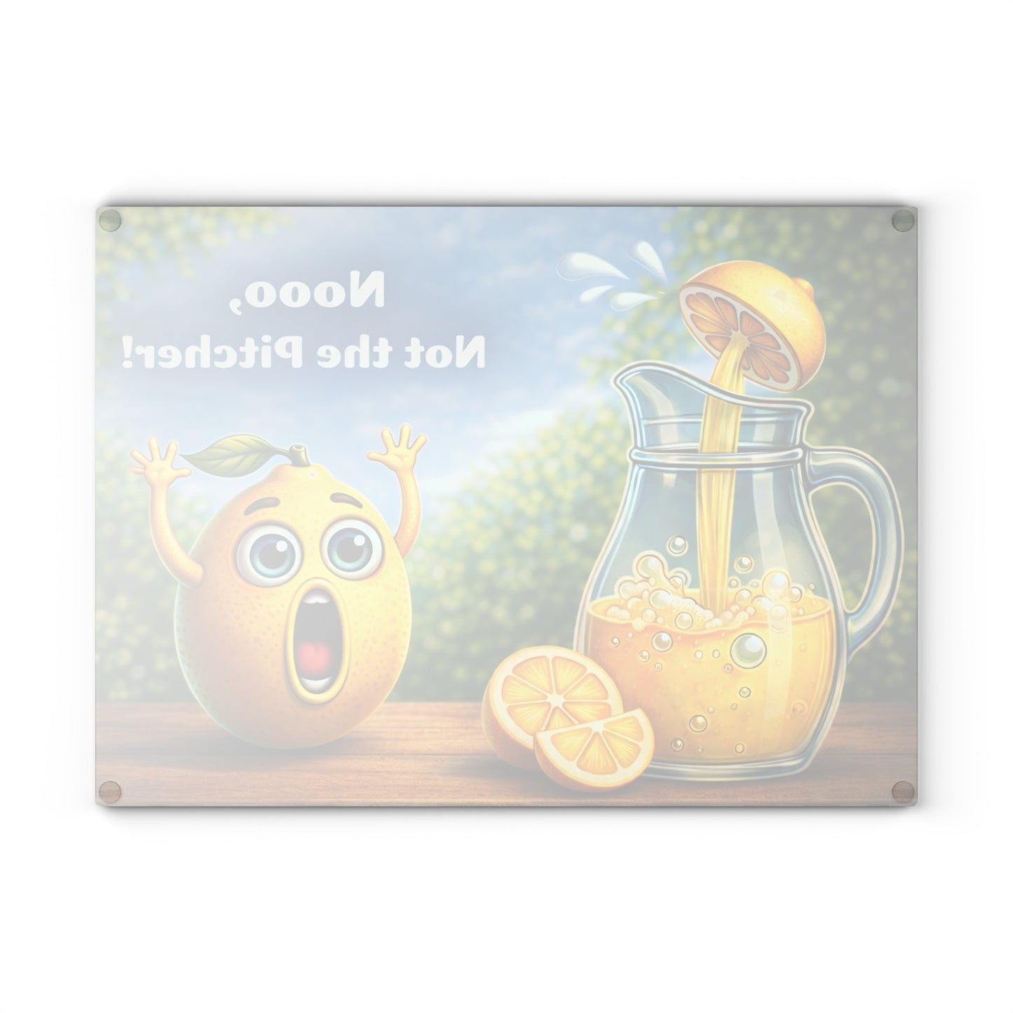 Nooo, Not the Pitcher! Glass Cutting Board – Playful Lemonade Humor Kitchen Artwork