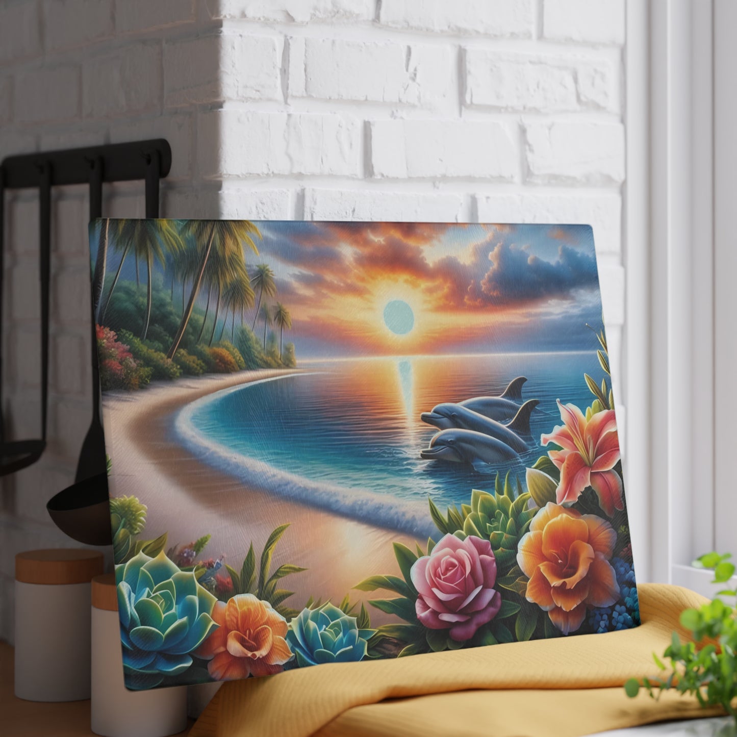 Tabla de cortar con diseño de delfín, vidrio templado con vibrantes escenas de delfines, regalo para chef, regalo para ella, regalo de boda o inauguración de la casa.
