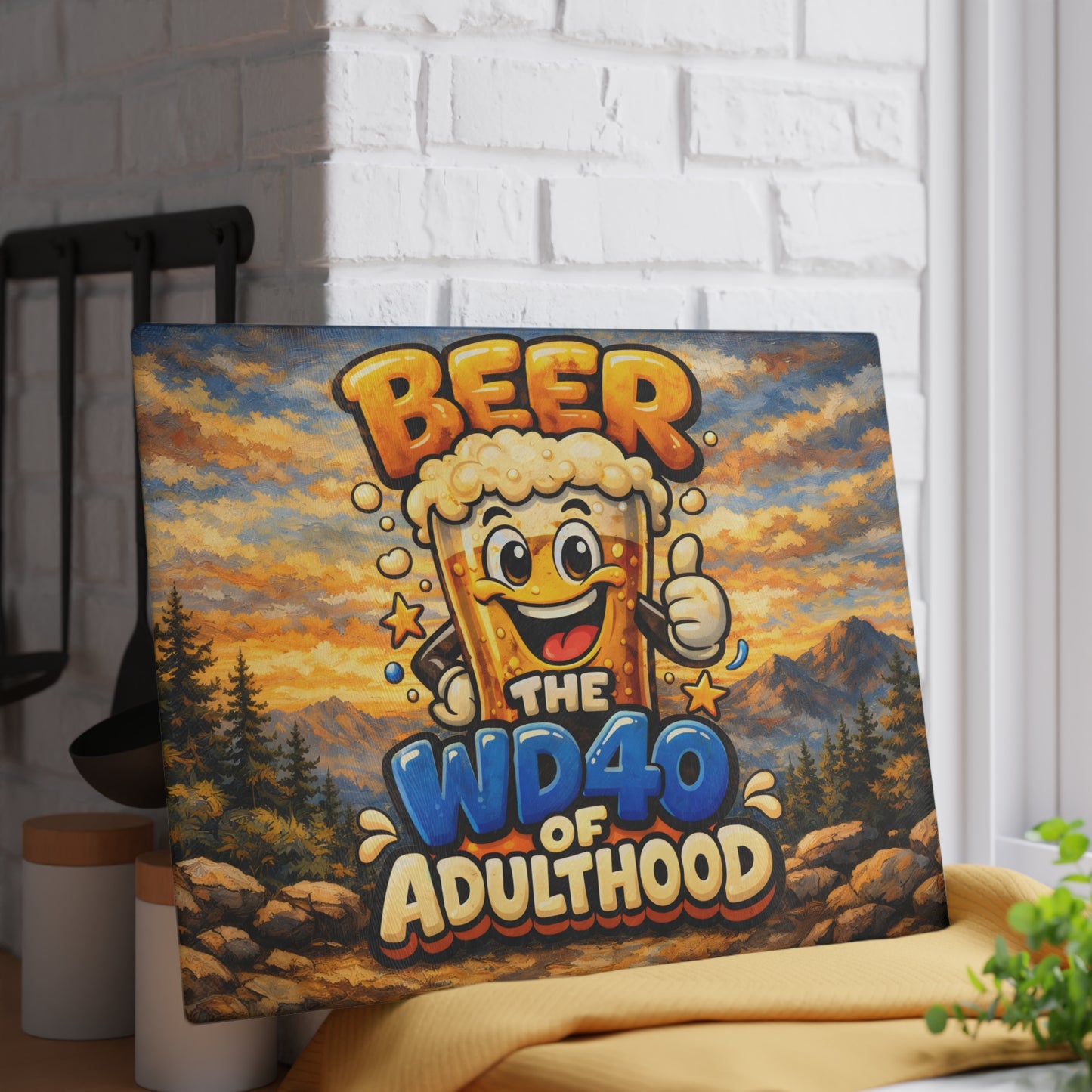 Funny Beer Glass Cutting Board – “Beer Is the WD40 of Adulthood” Mountain Humor Kitchen Decor