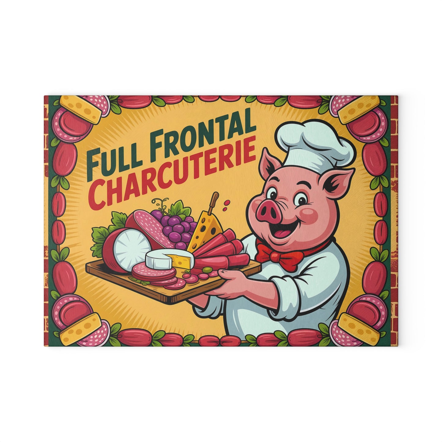 Tabla de cortar charcutería con vista frontal completa: divertida tabla de quesos y carnes del chef Pig