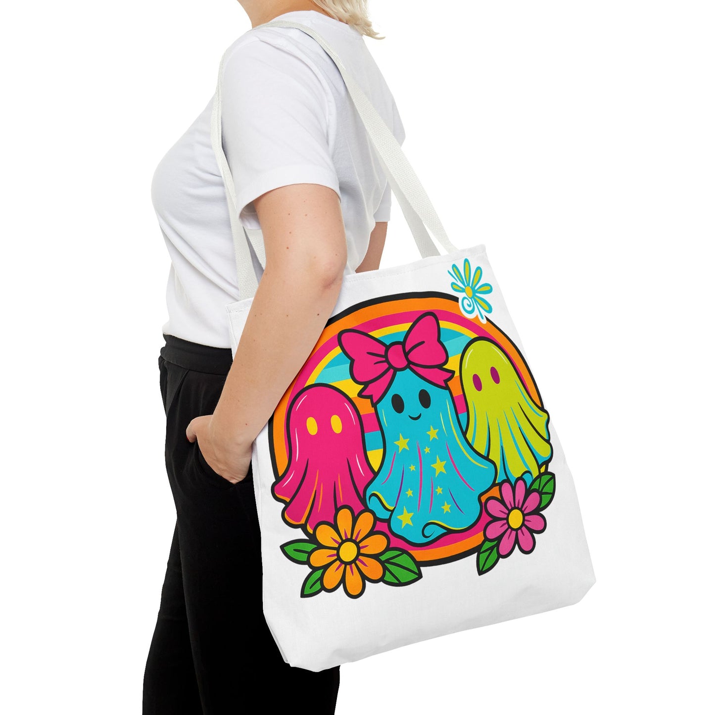 🌈 Retro Rainbow Ghosts Tote Bag – Groovy Spooky Fun 👻👜