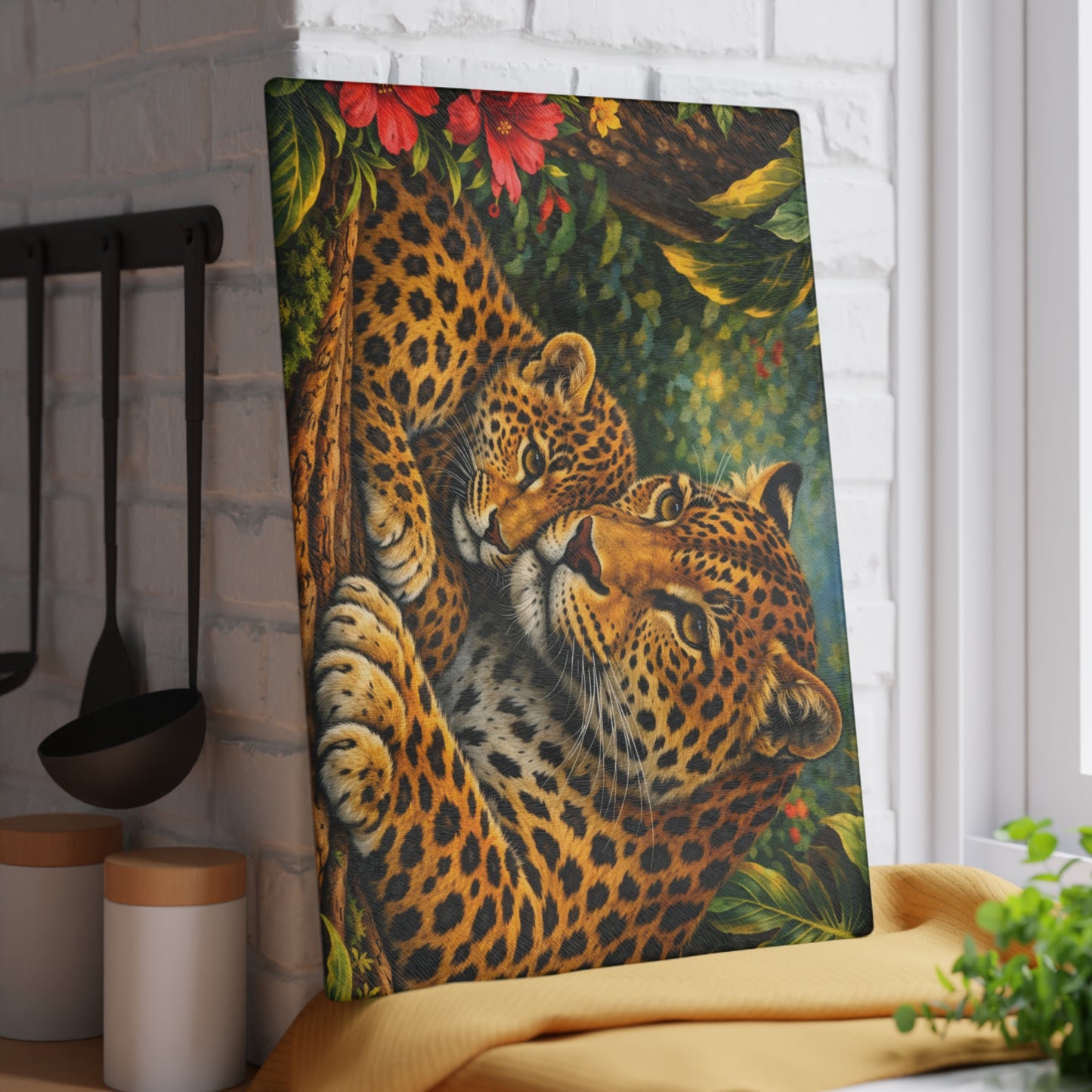 Leopard Mother and Cub Glass Cutting Board – Jungle Wildlife Family Artwork