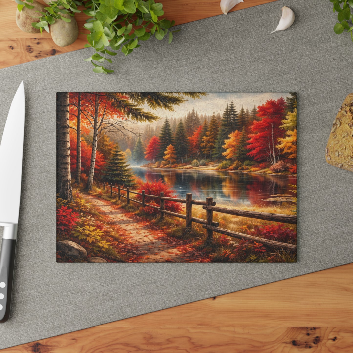 Autumn Lakeside Path Glass Cutting Board – Rustic Fall Forest Lake Kitchen Art