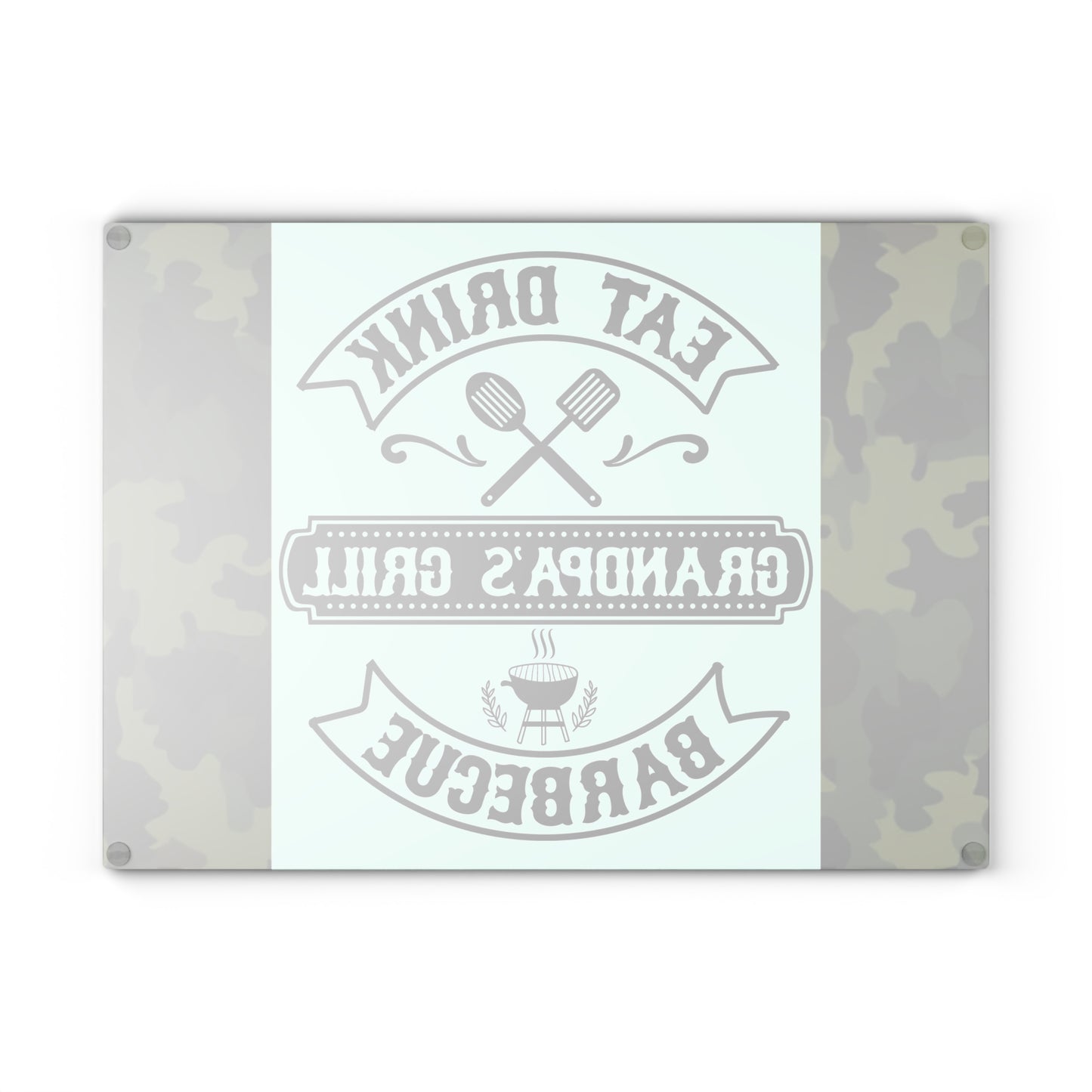 🍖🔥 EAT DRINK GRANDPA’S GRILL BARBEQUE – Camo Glass Cutting Board for Backyard Kings 🧢🍔