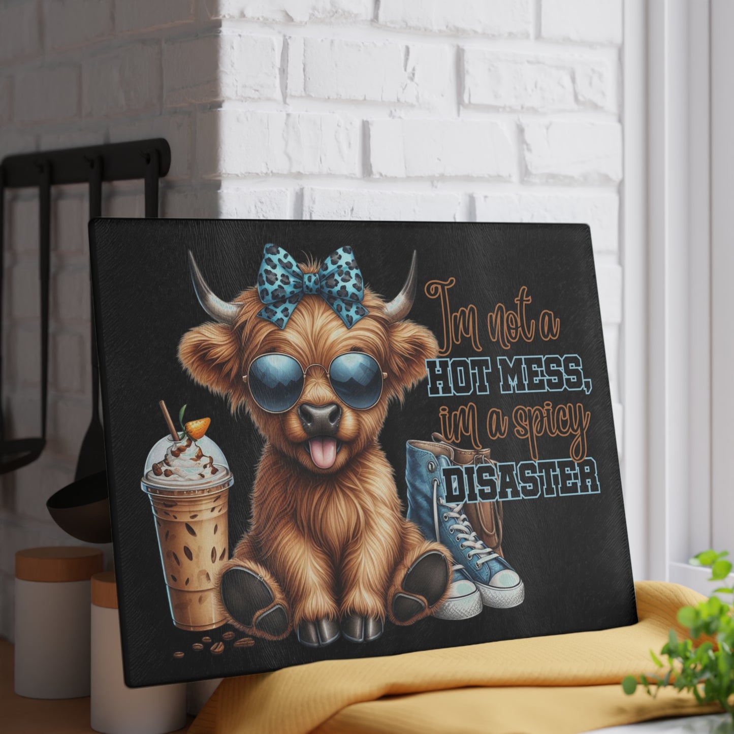 "I'm Not a Hot Mess; I'm a Spicy Disaster" – Highland Cow Glass Cutting Board