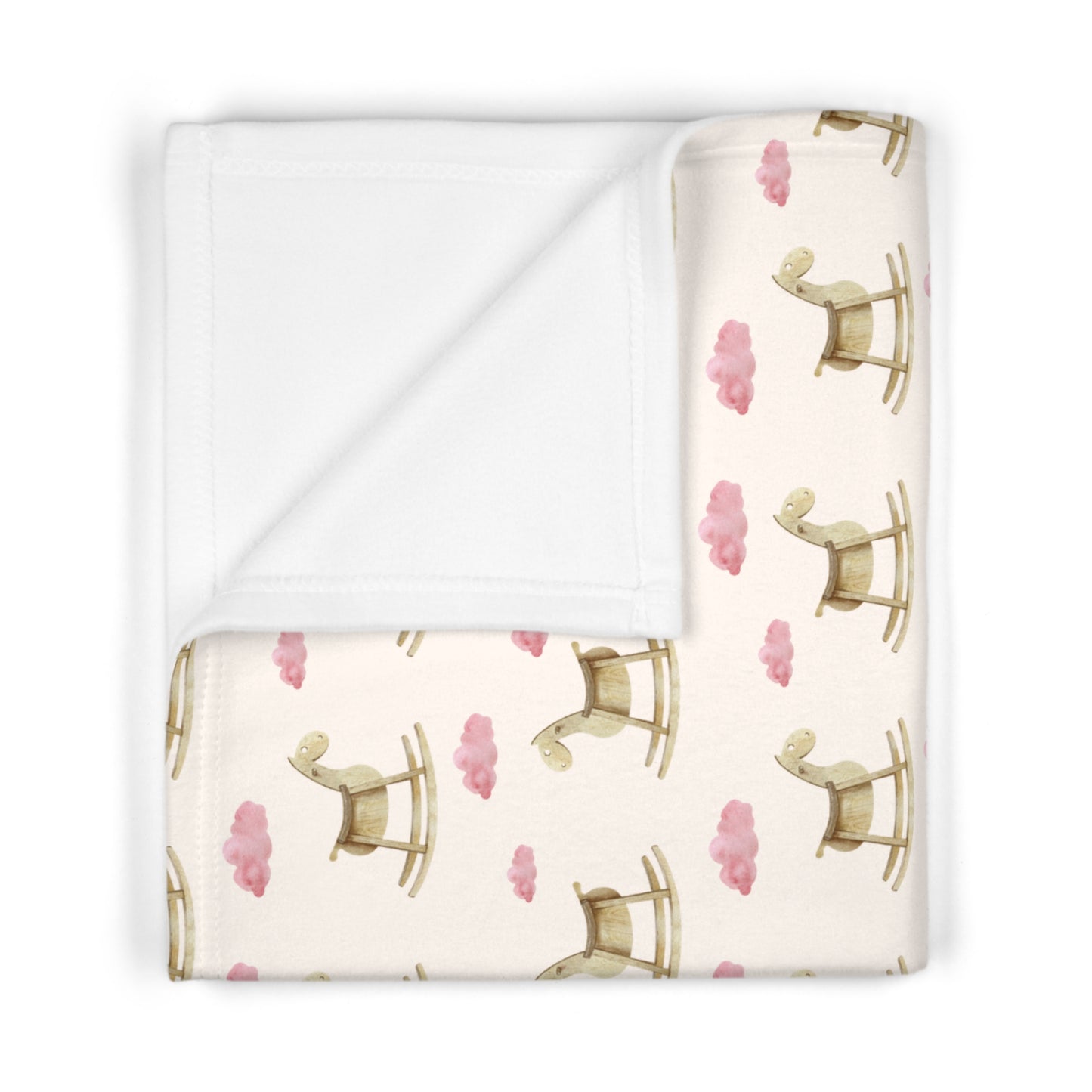 🩷 Rocking Horse & Pink Clouds Velveteen Plush Blanket – Soft Cream (Baby)