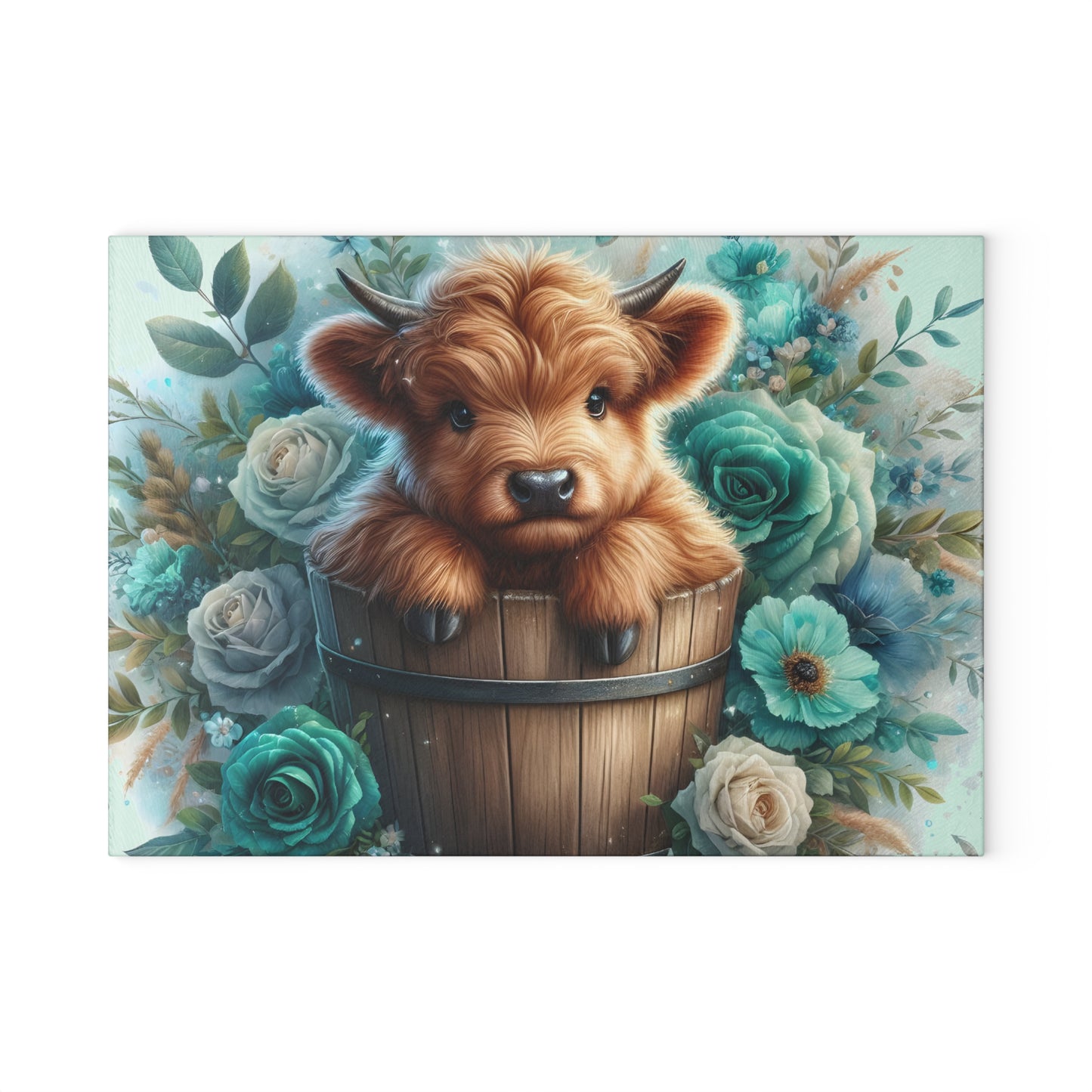 🐮 Highland Calf in a Bucket Cutting Board – Rustic Charm Meets Floral Elegance 🌿