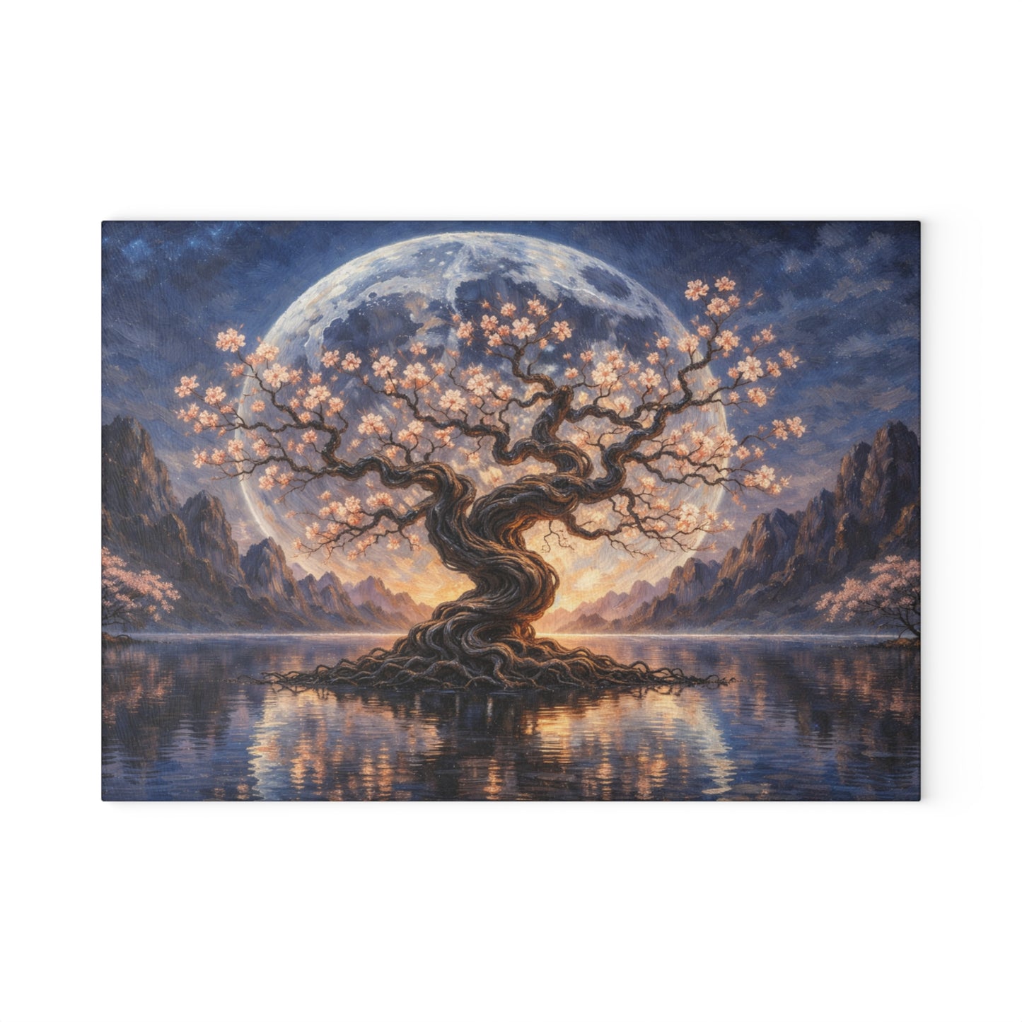Moonlit Blossom Tree Glass Cutting Board – Dreamlike Fantasy Kitchen Art