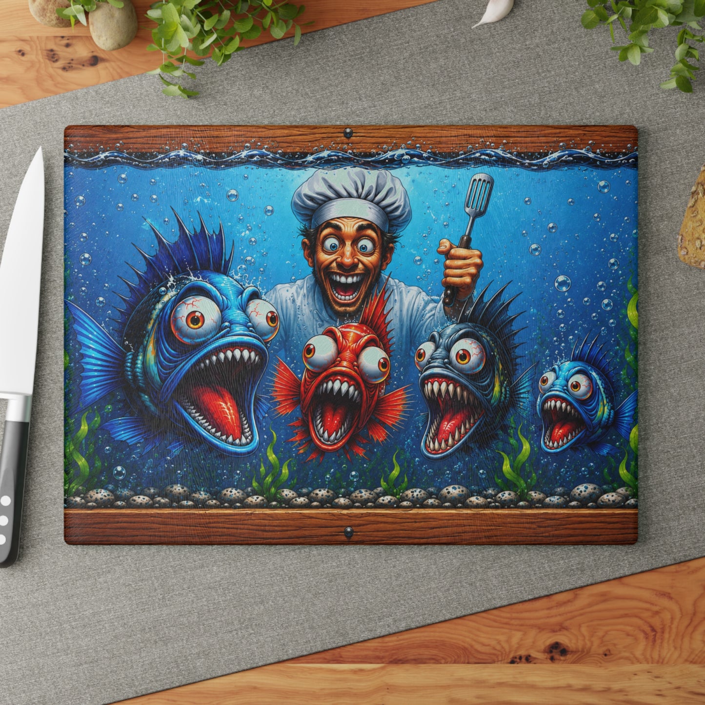 Kitchen Chaos: Fish & Chef Glass Cutting Board – Funny Aquarium Kitchen Décor