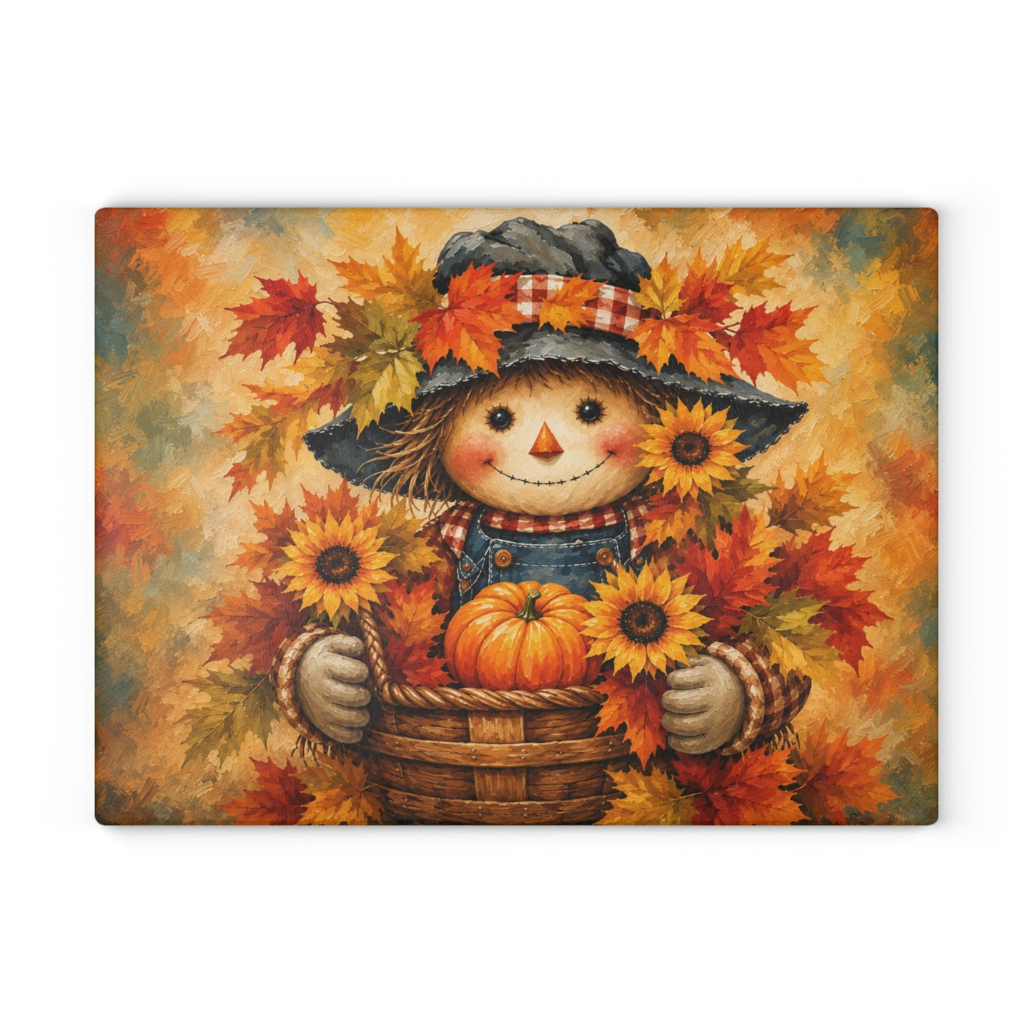 Autumn Scarecrow Glass Cutting Board – Sunflower Pumpkin Fall Kitchen Decor