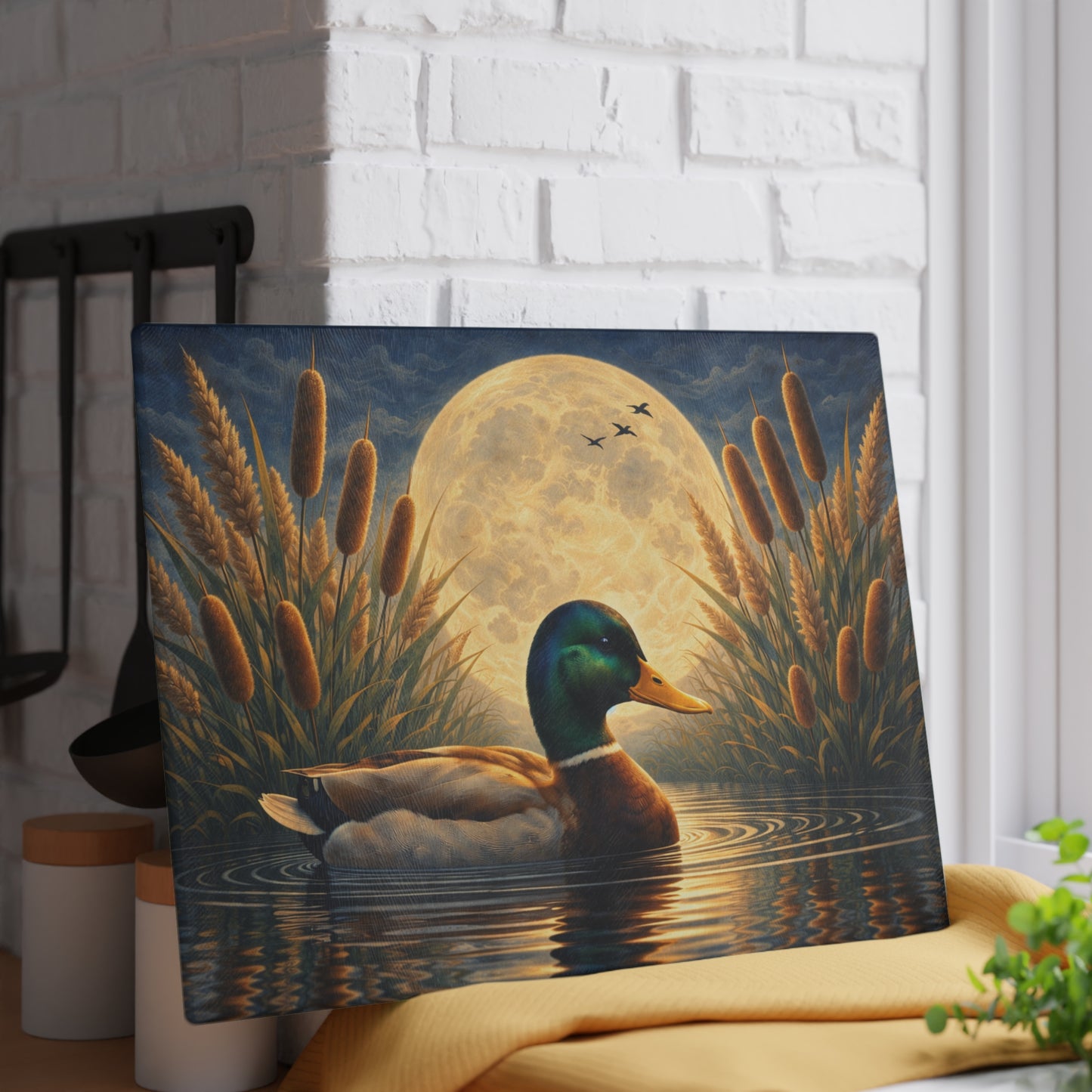Moonlit Mallard Duck Glass Cutting Board – Peaceful Marsh Wildlife Artwork