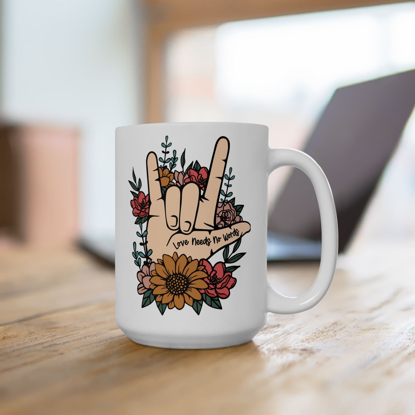 💖 "El amor no necesita palabras" – Taza de mano en lenguaje de señas con un hermoso diseño floral 🌸