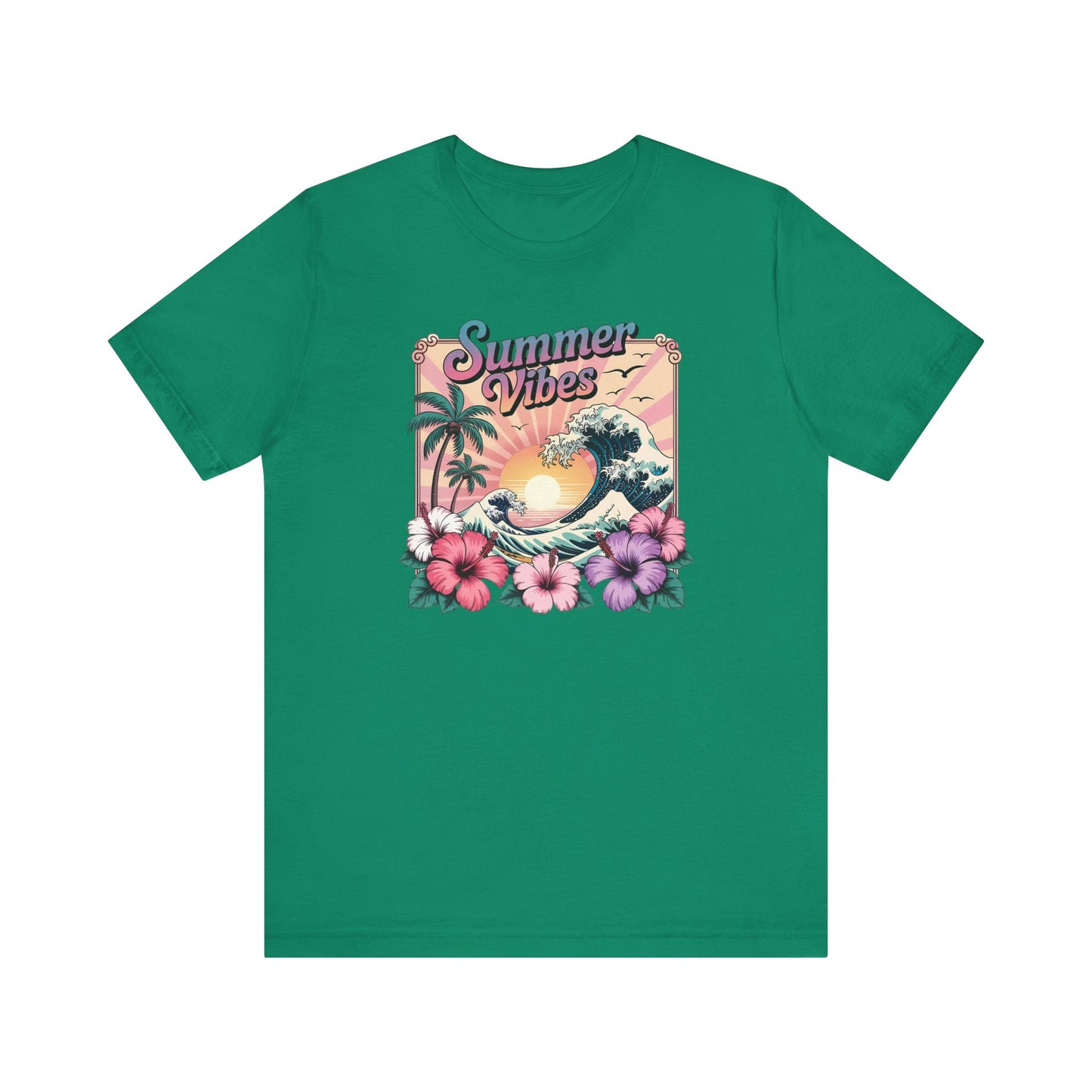 ☀️ Camiseta Summer Vibes – Ola playera vibrante, hibisco y palmeras | Camiseta gráfica para mujer